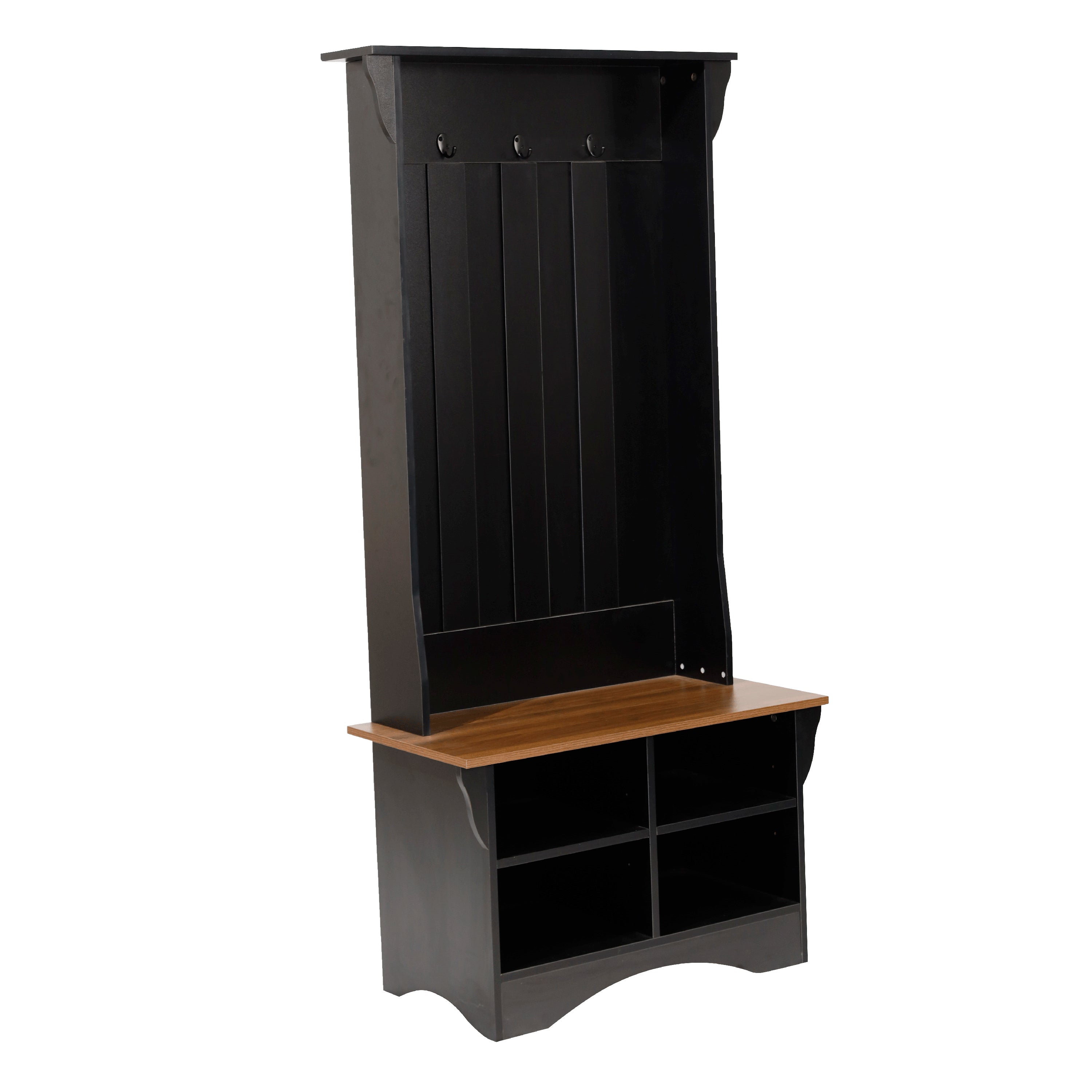 Paisley 31.5" Wide Hall Tree with Bench, 3 Single Storage Hooks, and 4 Lower Storage Cubbies with Adjustable Shelves in Black with Walnut Seat