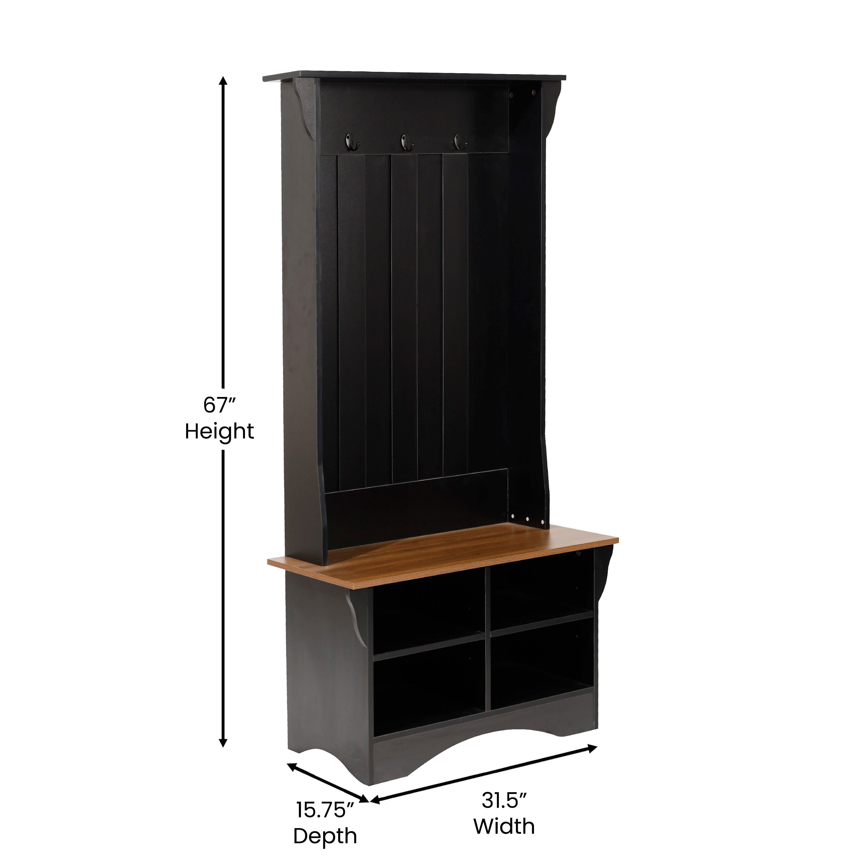 Paisley 31.5" Wide Hall Tree with Bench, 3 Single Storage Hooks, and 4 Lower Storage Cubbies with Adjustable Shelves in Black with Walnut Seat
