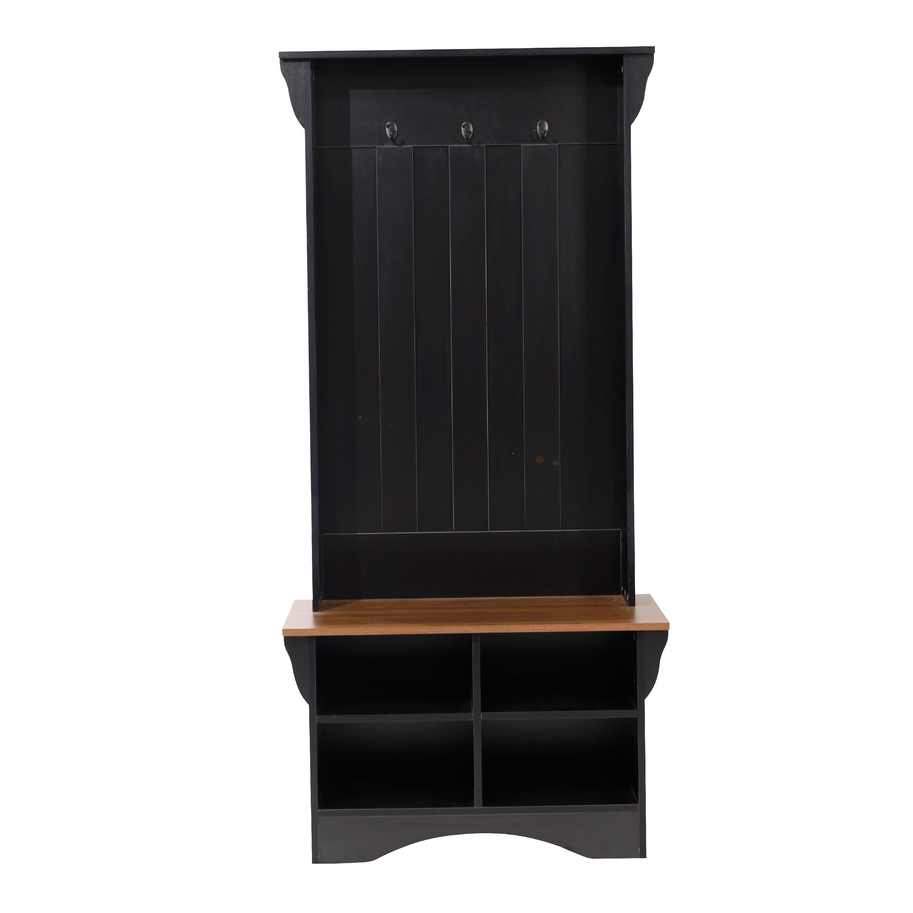 Paisley 31.5" Wide Hall Tree with Bench, 3 Single Storage Hooks, and 4 Lower Storage Cubbies with Adjustable Shelves in Black with Walnut Seat
