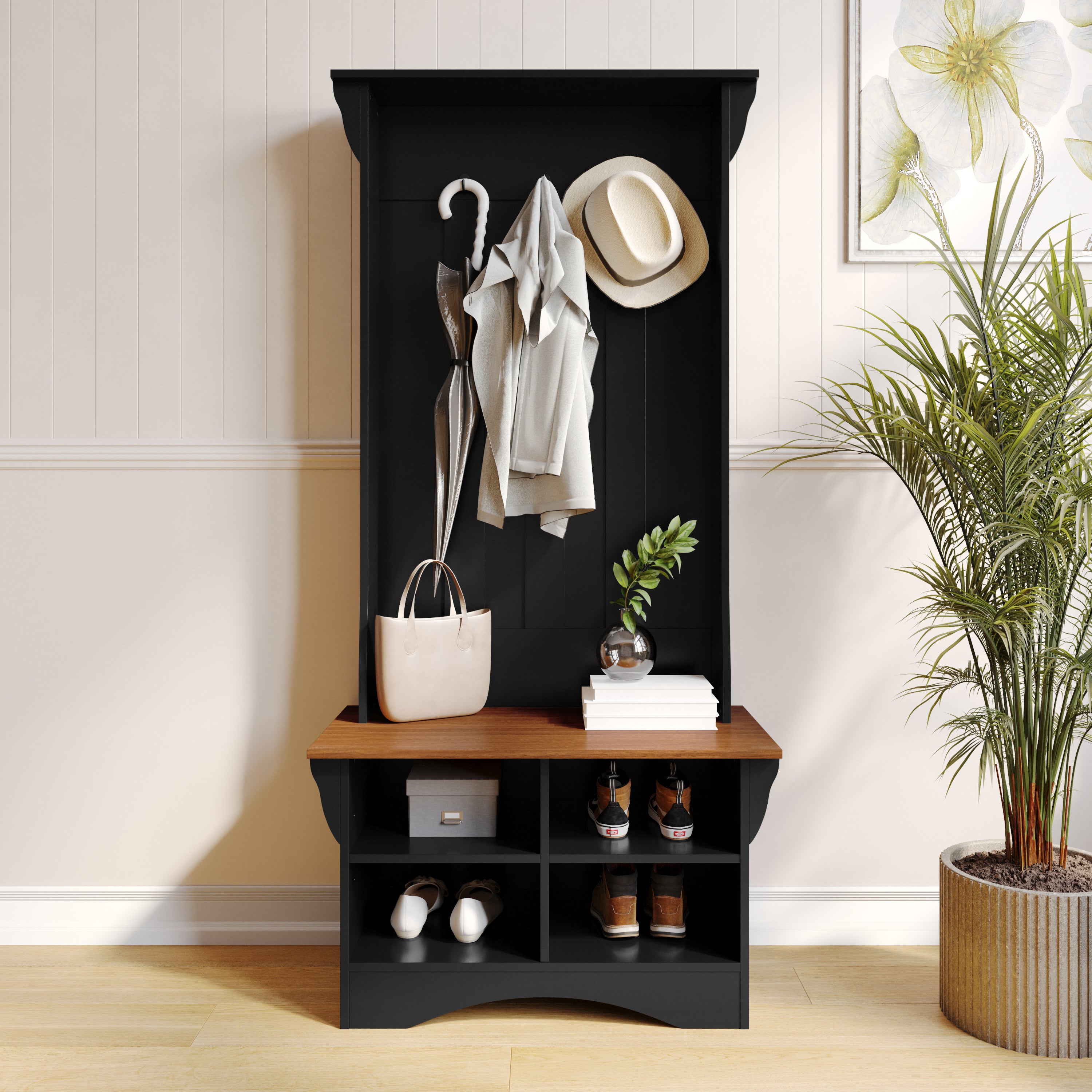 Paisley 31.5" Wide Hall Tree with Bench, 3 Single Storage Hooks, and 4 Lower Storage Cubbies with Adjustable Shelves in Black with Walnut Seat