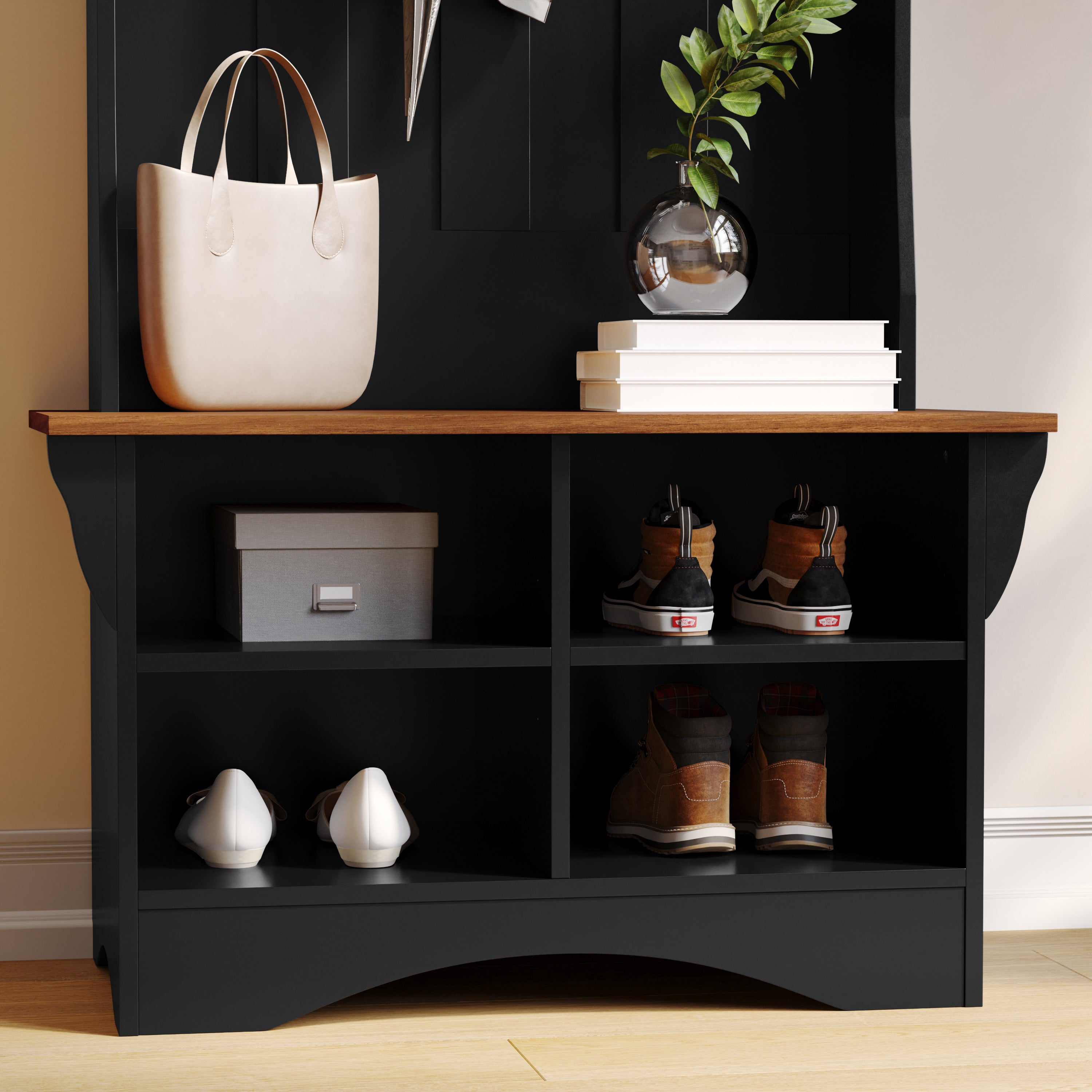 Paisley 31.5" Wide Hall Tree with Bench, 3 Single Storage Hooks, and 4 Lower Storage Cubbies with Adjustable Shelves in Black with Walnut Seat