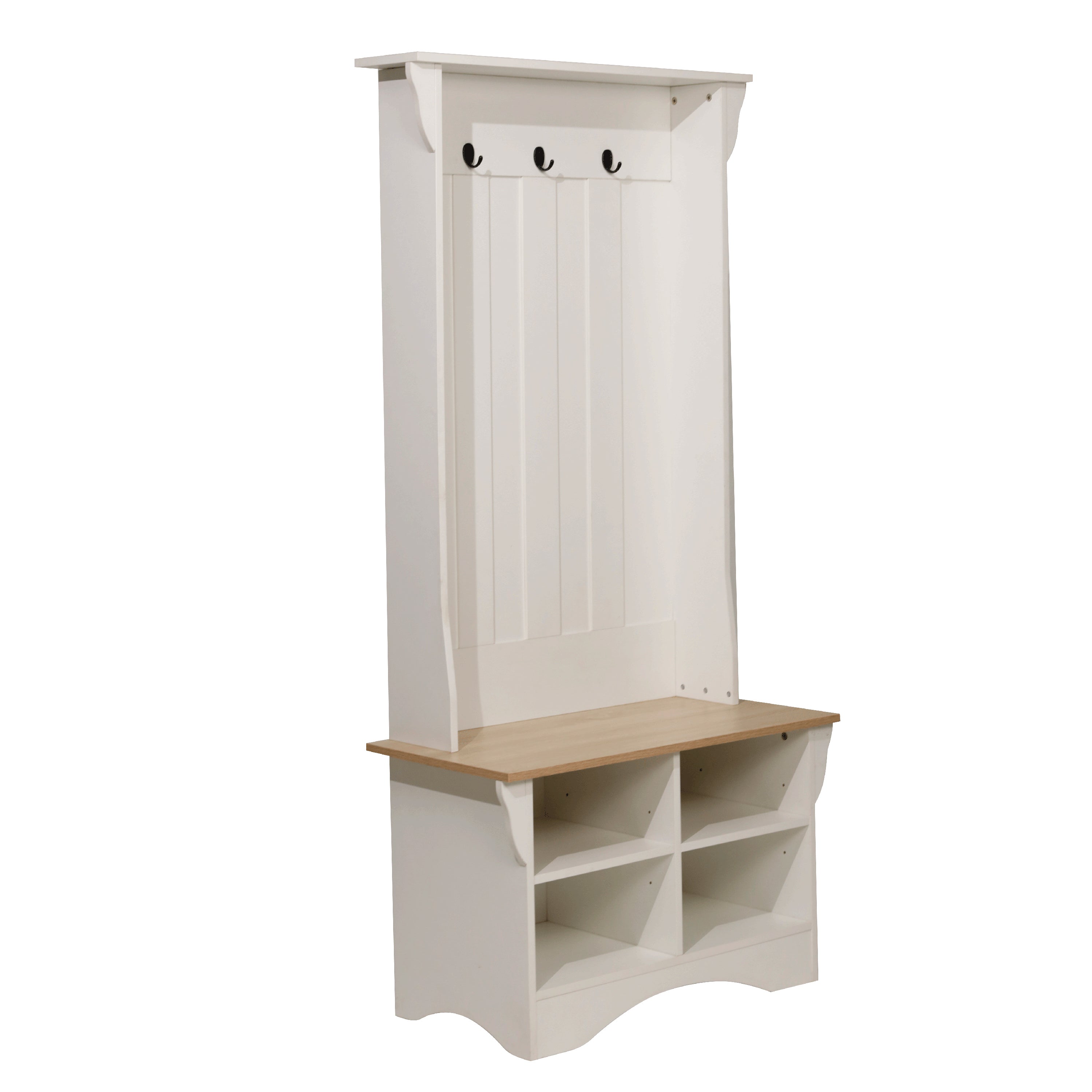 Paisley 31.5" Wide Hall Tree with Bench, 3 Single Storage Hooks, and 4 Lower Storage Cubbies with Adjustable Shelves in White with Weathered Seat