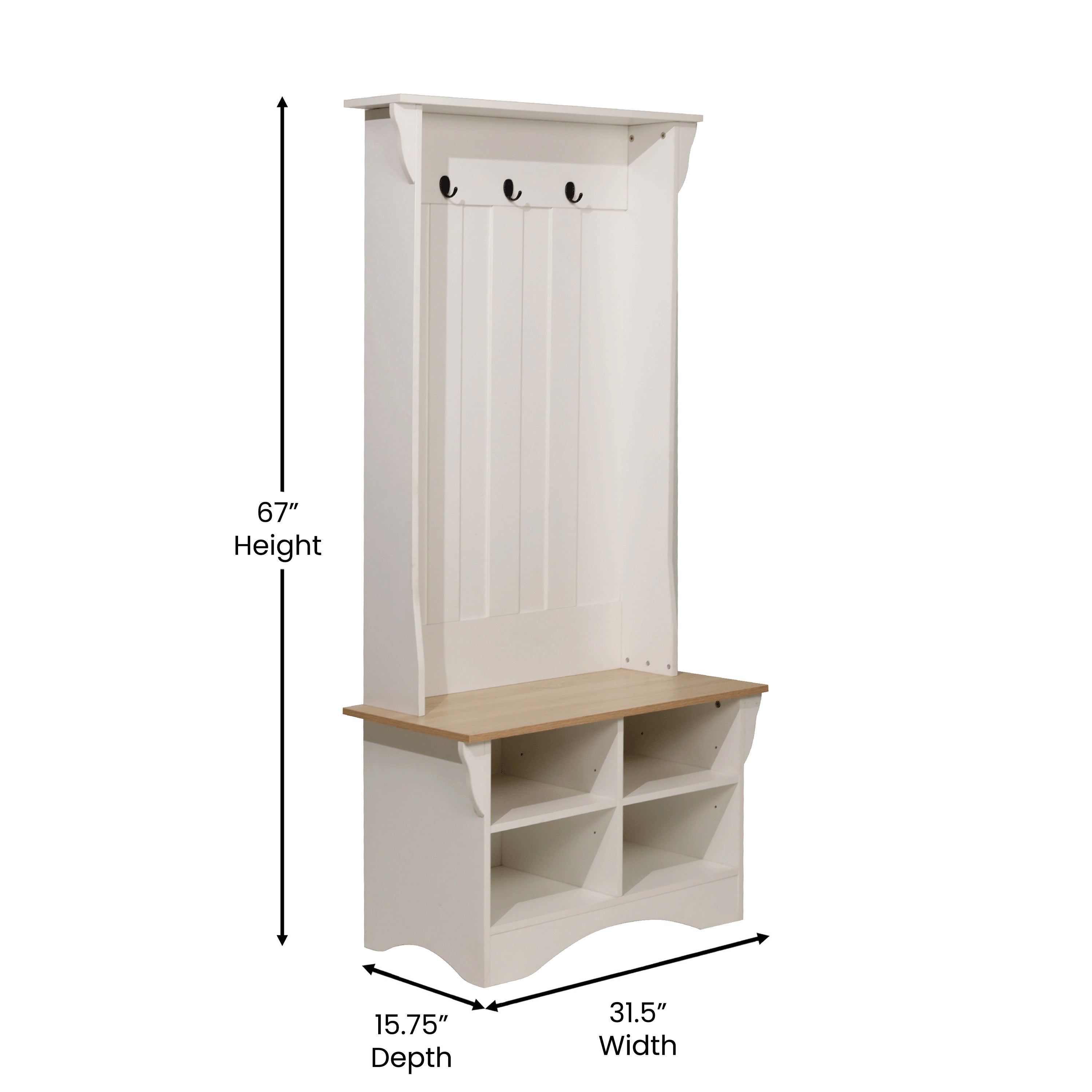 Paisley 31.5" Wide Hall Tree with Bench, 3 Single Storage Hooks, and 4 Lower Storage Cubbies with Adjustable Shelves in White with Weathered Seat