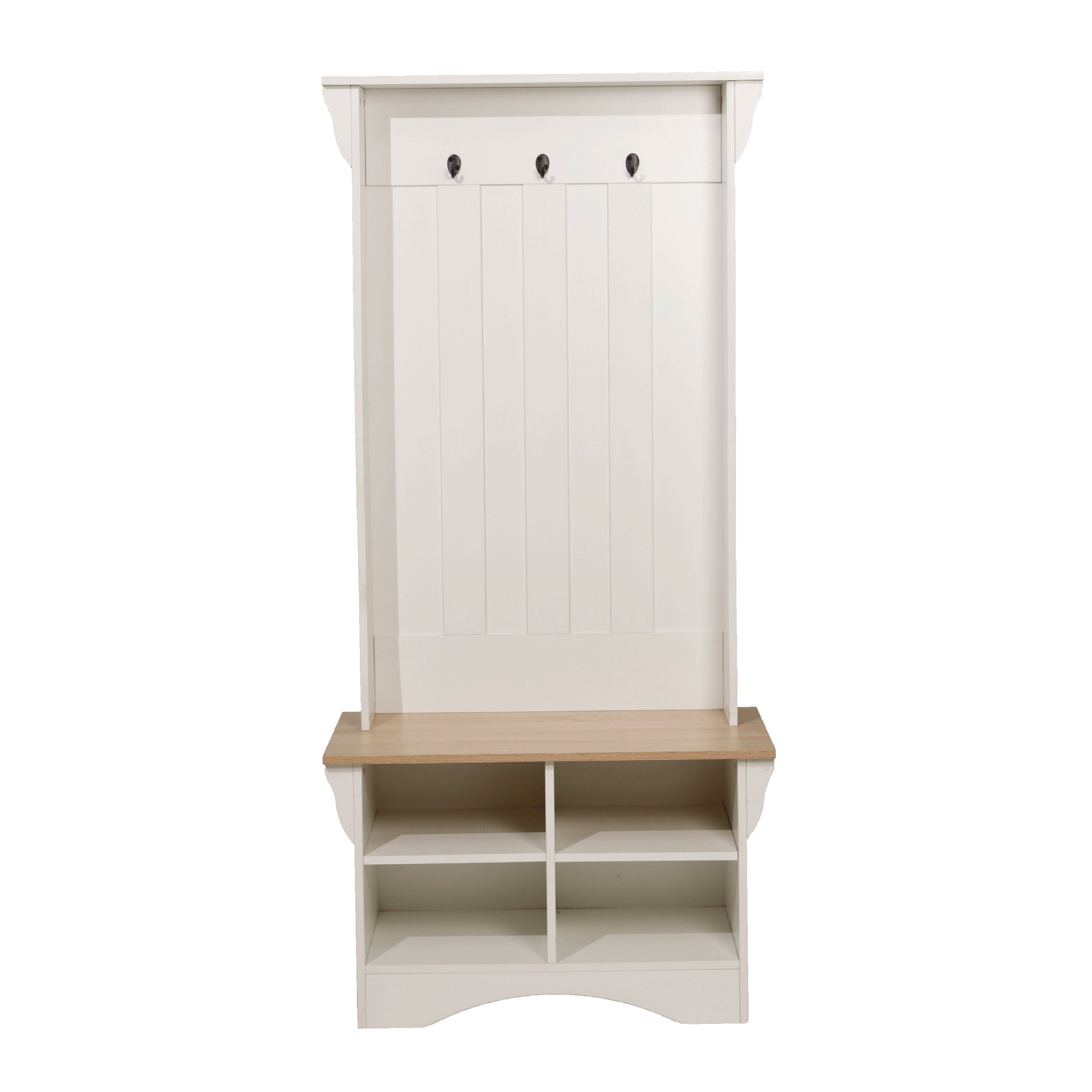Paisley 31.5" Wide Hall Tree with Bench, 3 Single Storage Hooks, and 4 Lower Storage Cubbies with Adjustable Shelves in White with Weathered Seat