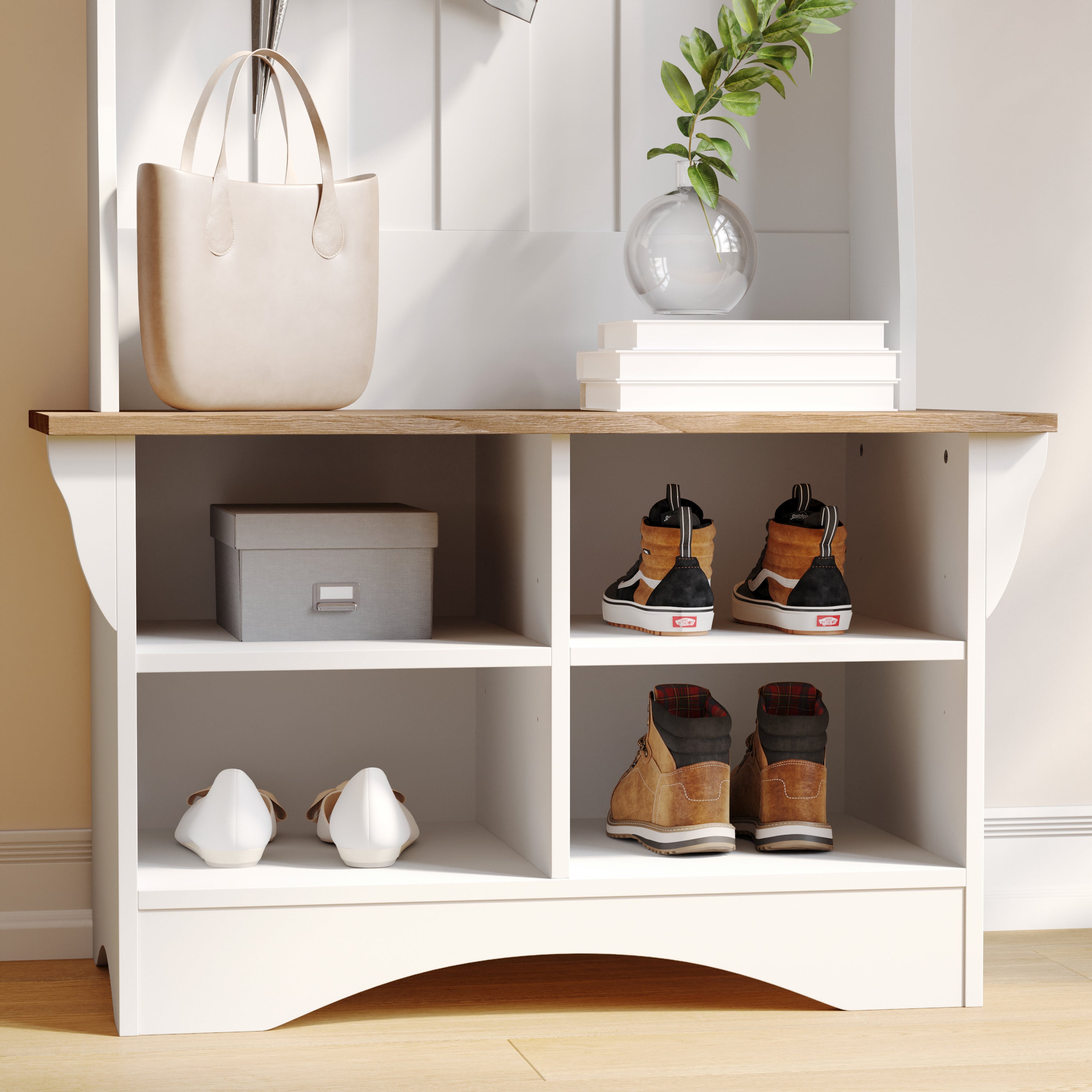 Paisley 31.5" Wide Hall Tree with Bench, 3 Single Storage Hooks, and 4 Lower Storage Cubbies with Adjustable Shelves in White with Weathered Seat