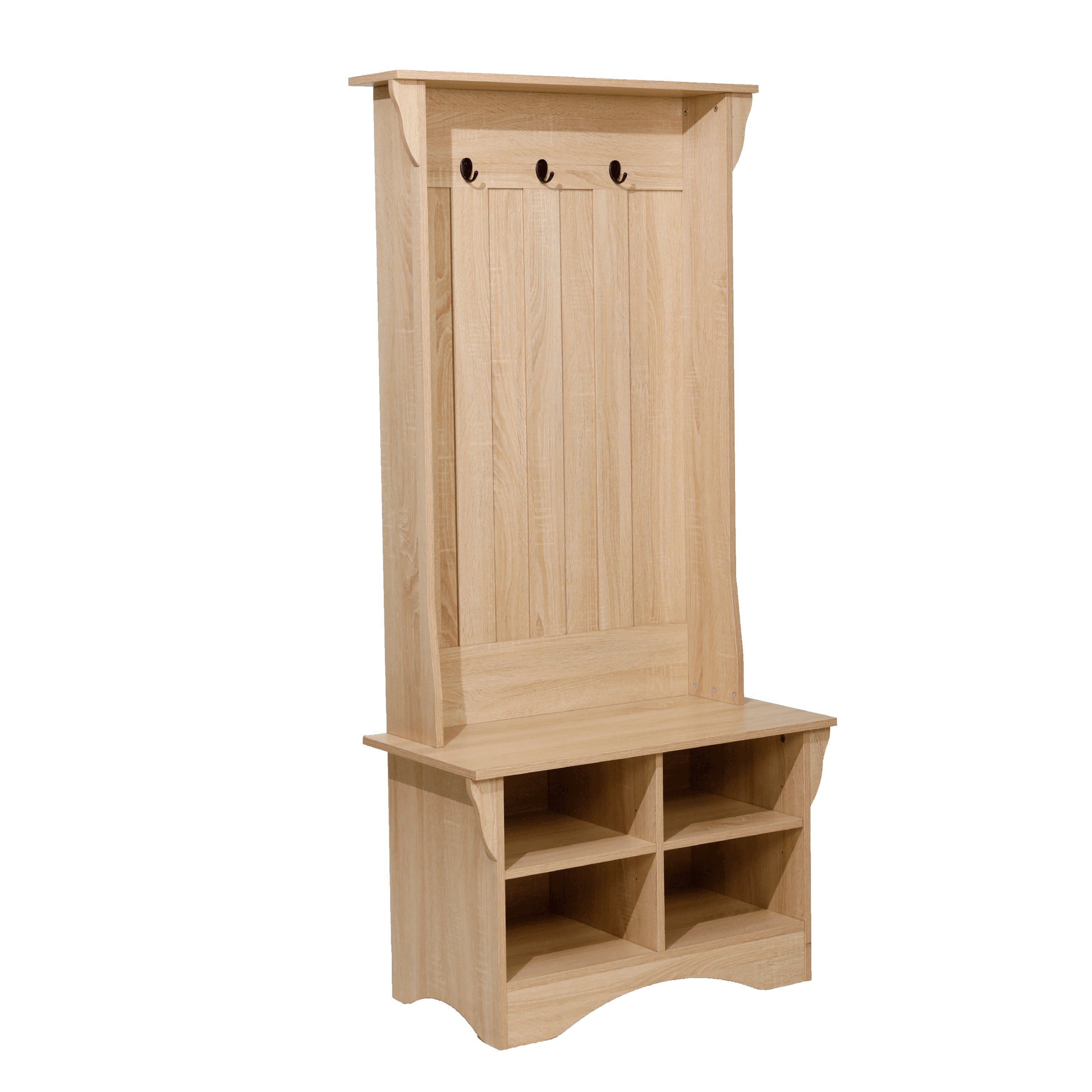 Paisley 31.5" Wide Hall Tree with Bench, 3 Single Storage Hooks, and 4 Lower Storage Cubbies with Adjustable Shelves in Weathered Wood