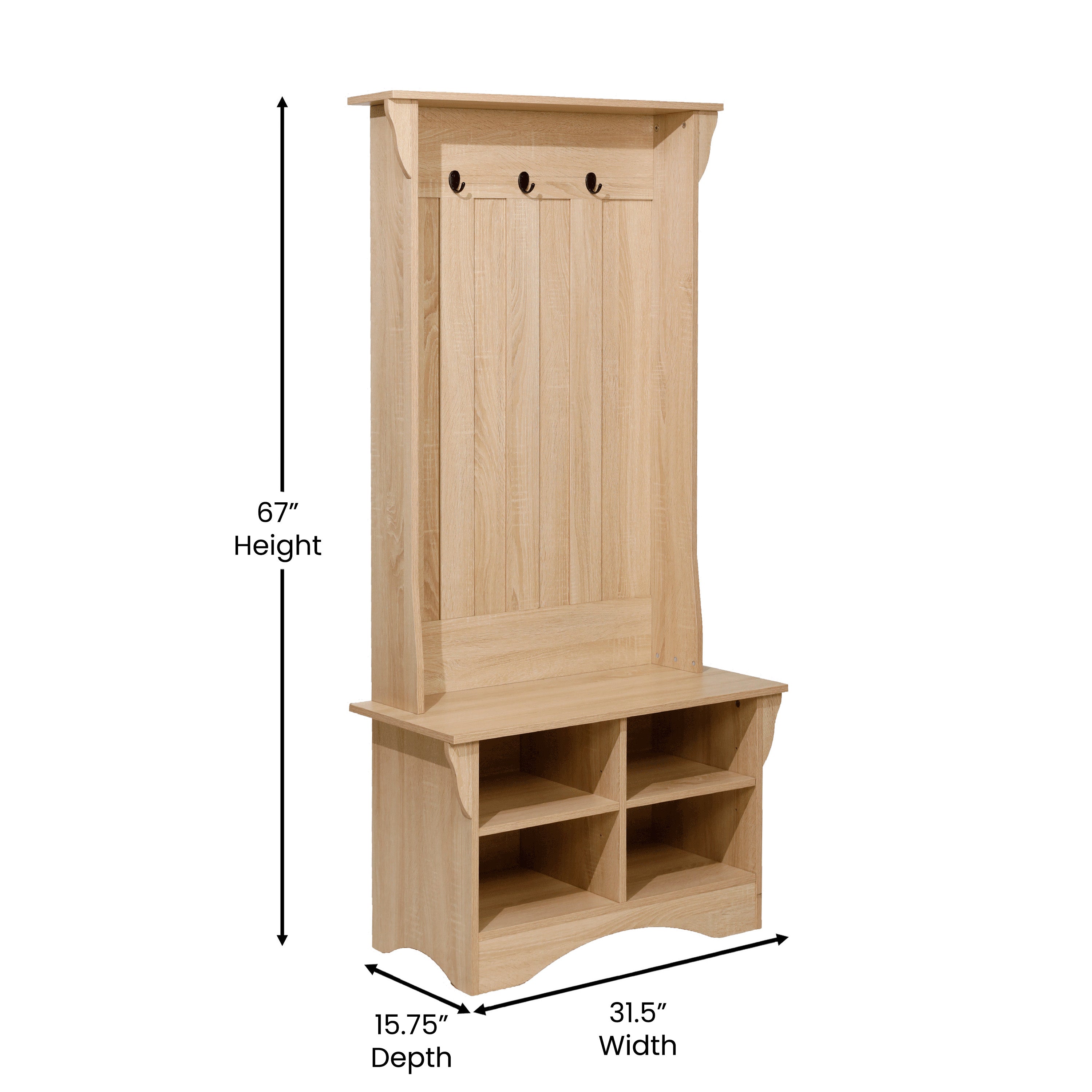 Paisley 31.5" Wide Hall Tree with Bench, 3 Single Storage Hooks, and 4 Lower Storage Cubbies with Adjustable Shelves in Weathered Wood