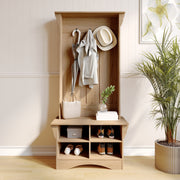 Paisley 31.5" Wide Hall Tree with Bench, 3 Single Storage Hooks, and 4 Lower Storage Cubbies with Adjustable Shelves in Weathered Wood