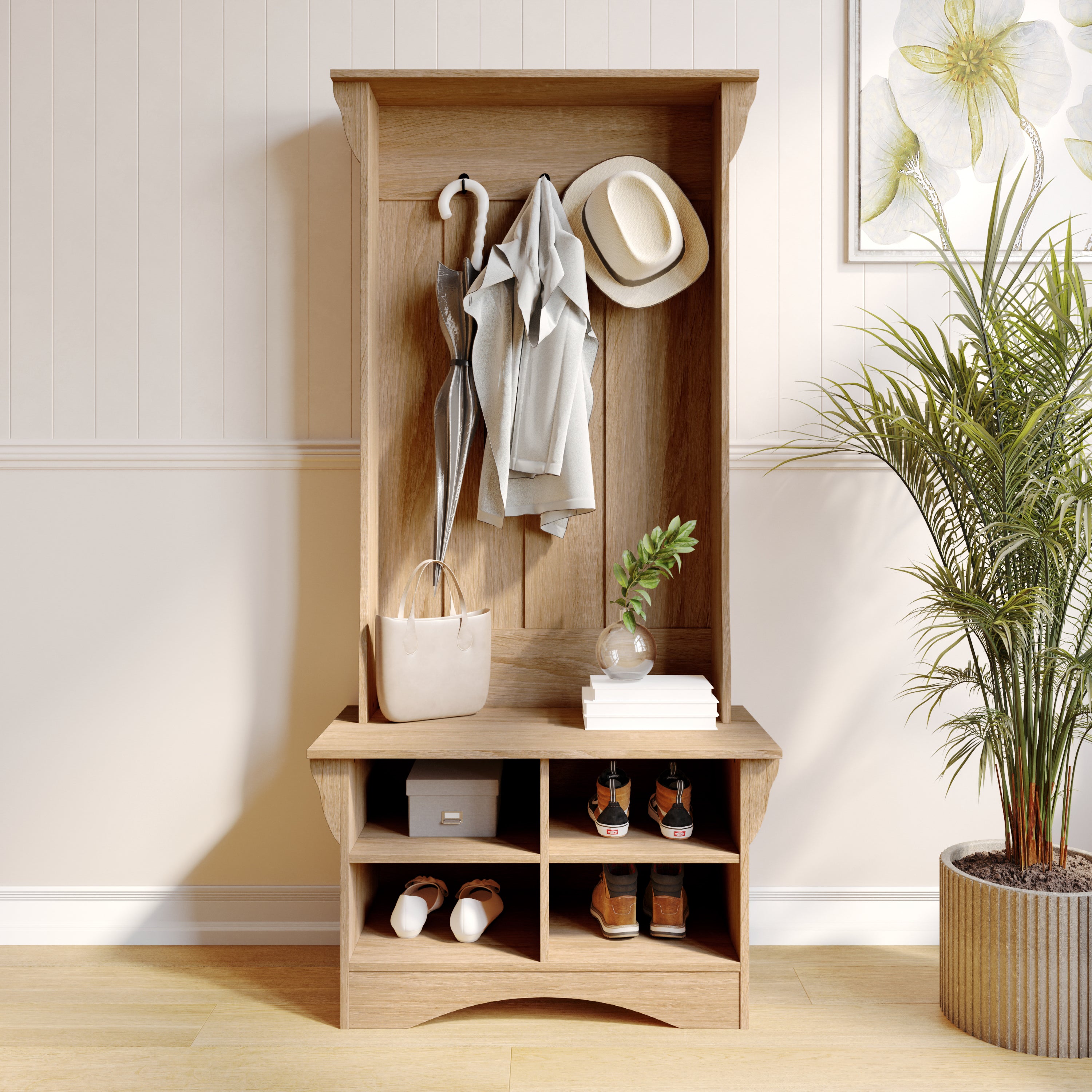 Paisley 31.5" Wide Hall Tree with Bench, 3 Single Storage Hooks, and 4 Lower Storage Cubbies with Adjustable Shelves in Weathered Wood
