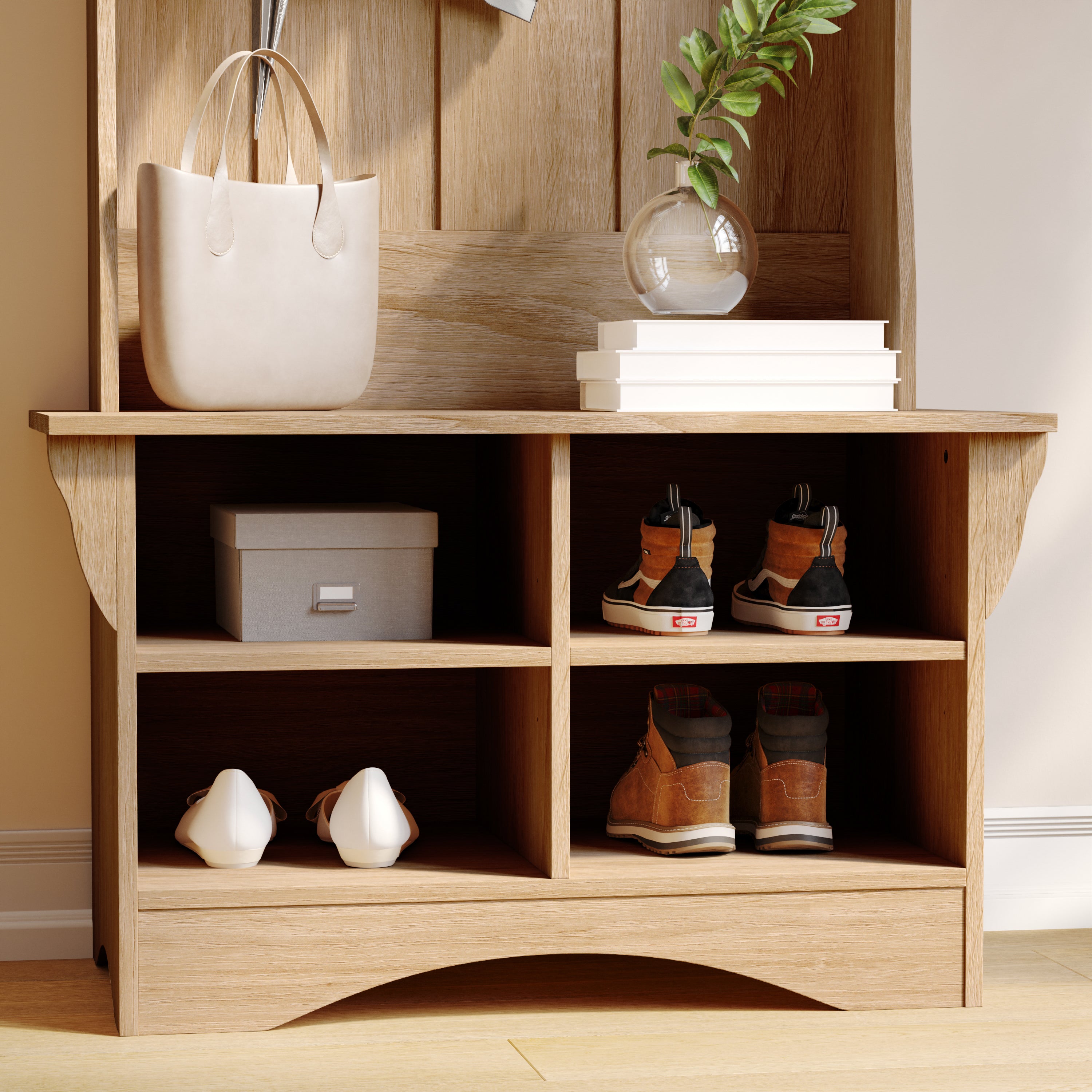 Paisley 31.5" Wide Hall Tree with Bench, 3 Single Storage Hooks, and 4 Lower Storage Cubbies with Adjustable Shelves in Weathered Wood
