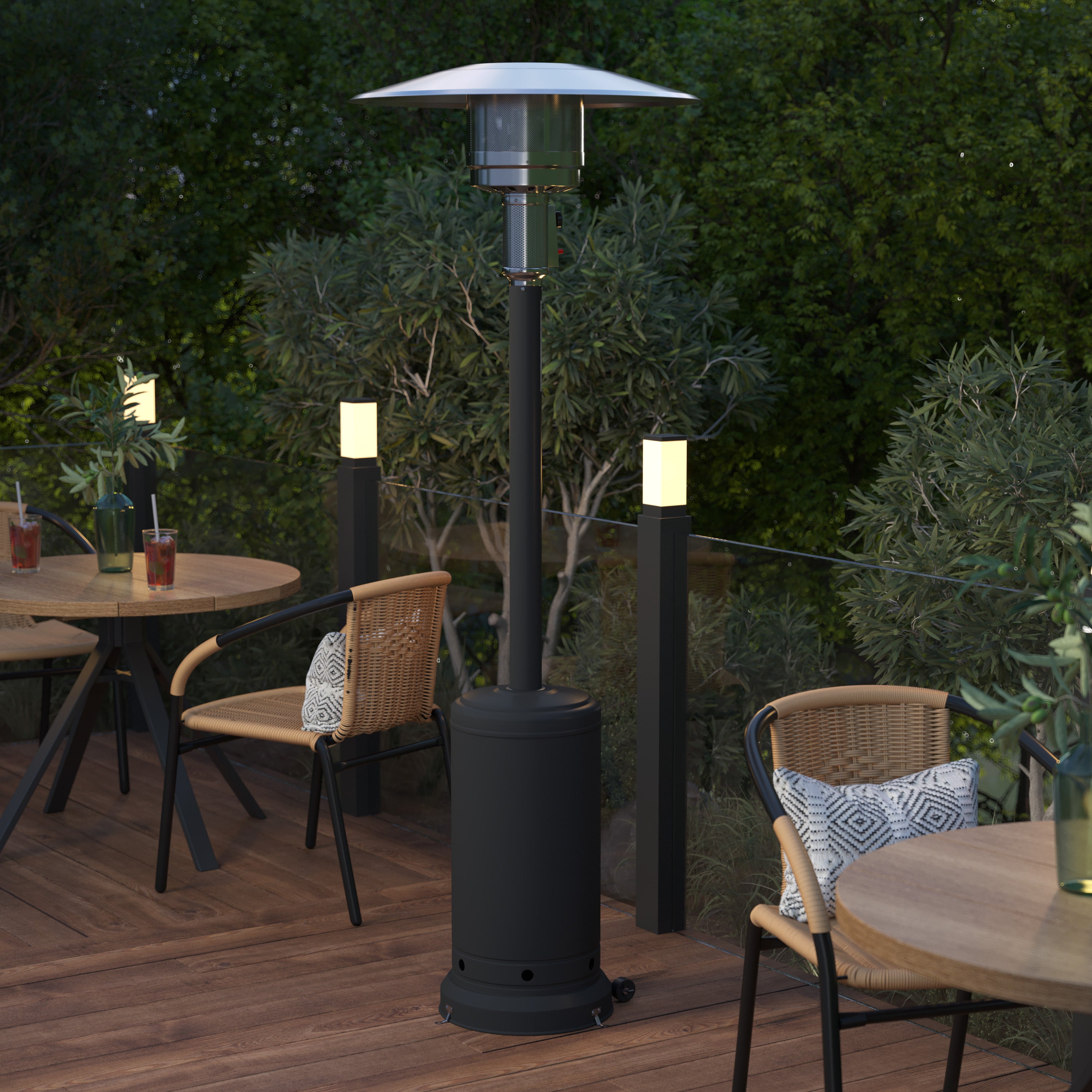 Sol Patio Outdoor Heating-Black Stainless Steel 40,000 BTU Propane Heater with Wheels-Commercial & Residential Use-7.5 Feet Tall