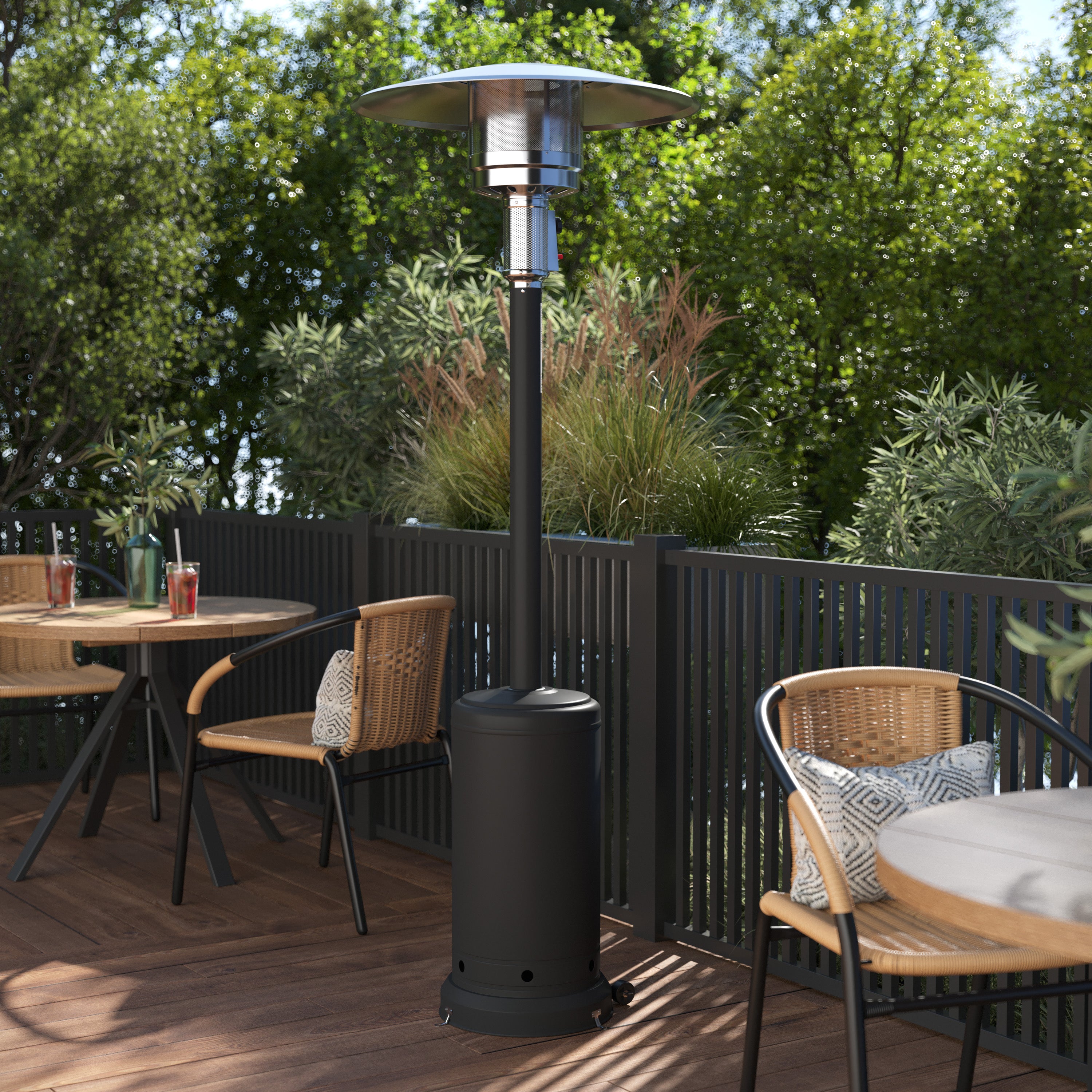 Sol Patio Outdoor Heating-Black Stainless Steel 40,000 BTU Propane Heater with Wheels-Commercial & Residential Use-7.5 Feet Tall