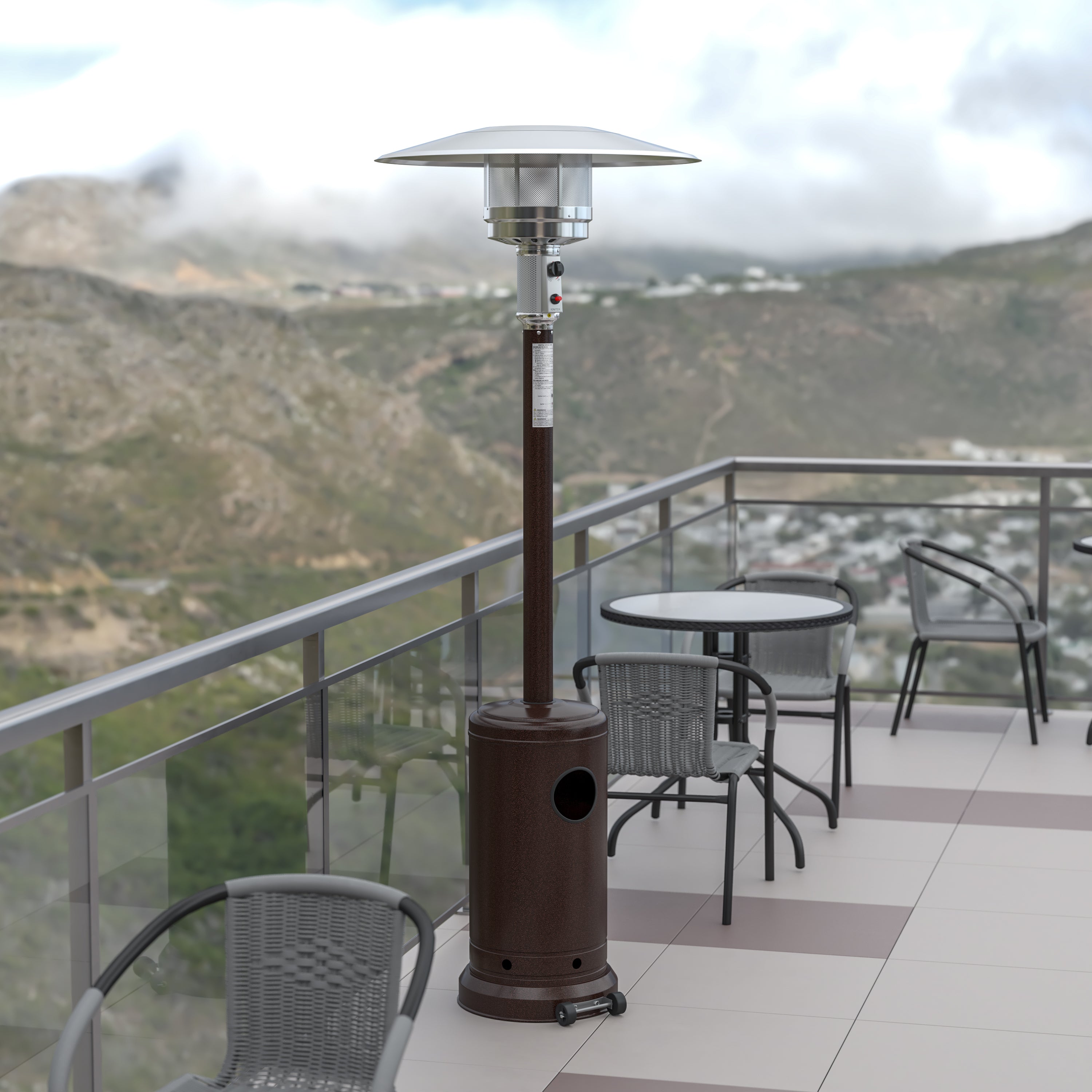 Sol Patio Outdoor Heating-Bronze Stainless Steel 40,000 BTU Propane Heater with Wheels-Commercial & Residential Use-7.5 Feet Tall