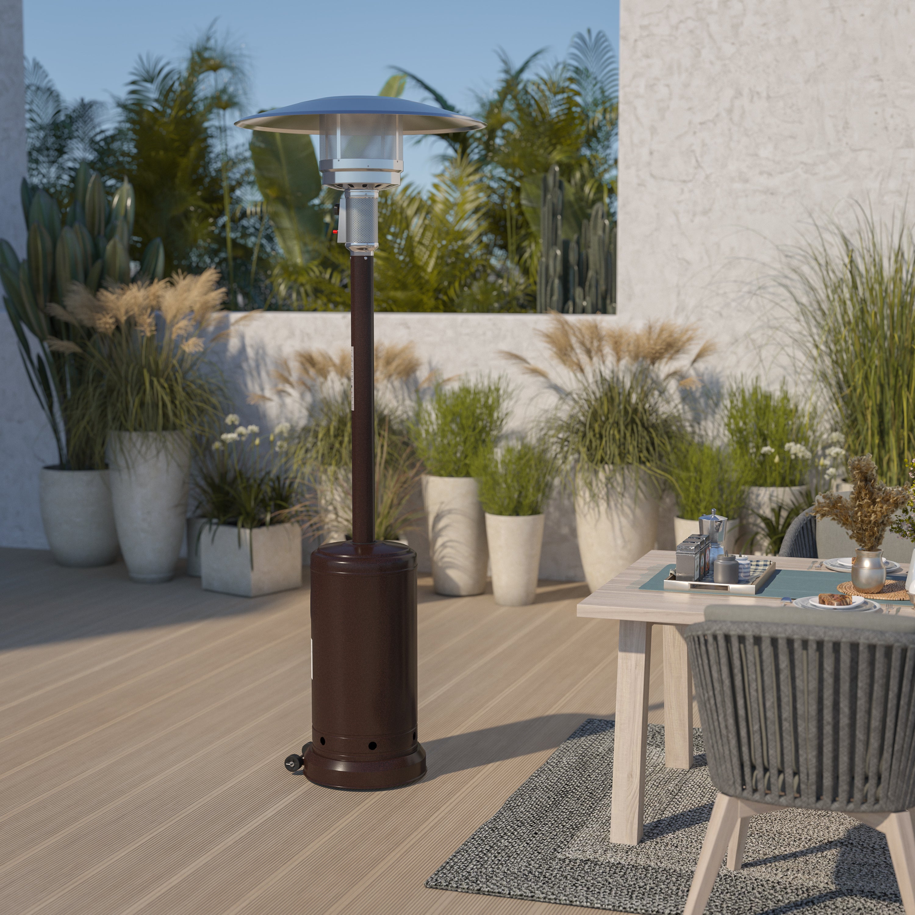 Sol Patio Outdoor Heating-Bronze Stainless Steel 40,000 BTU Propane Heater with Wheels-Commercial & Residential Use-7.5 Feet Tall