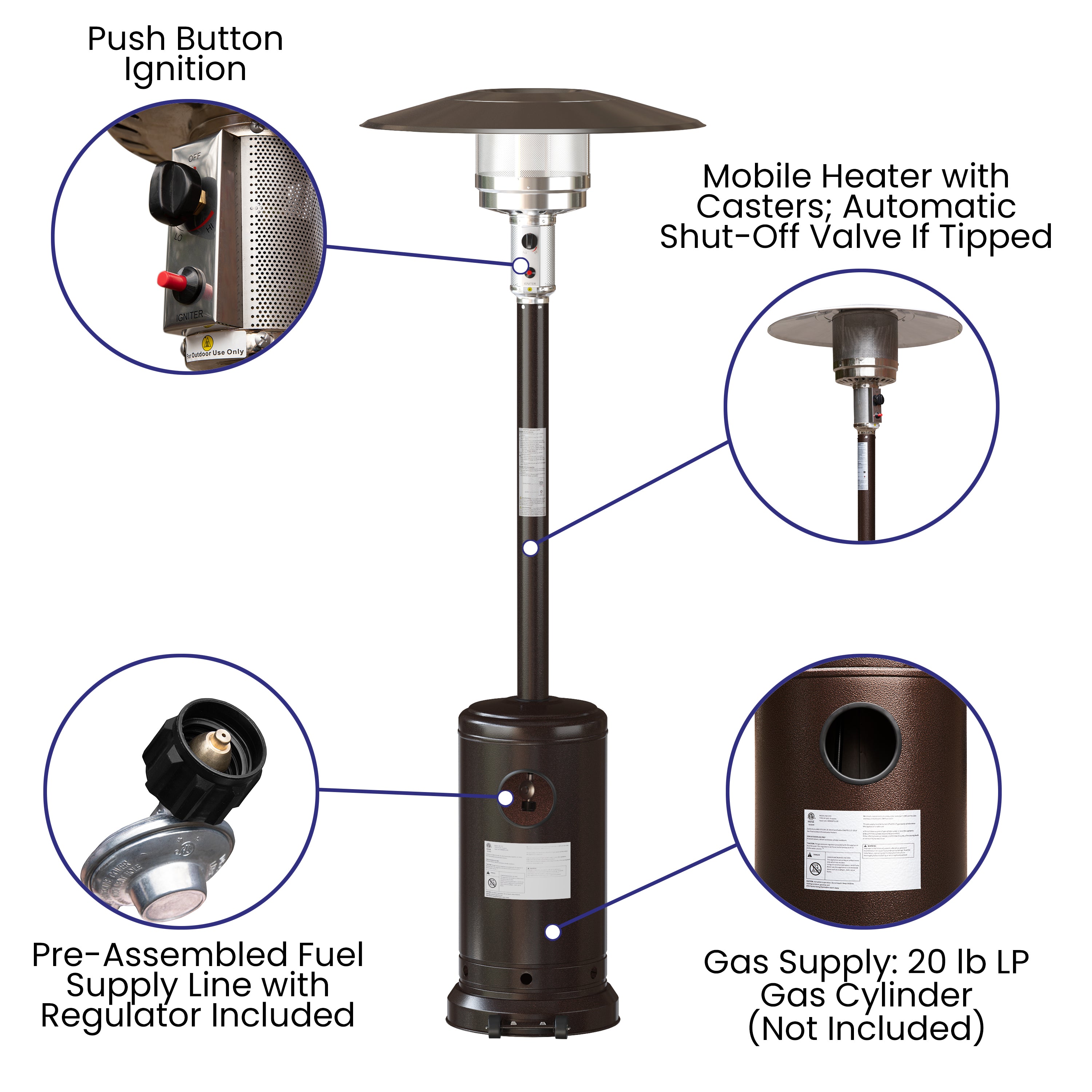 Sol Patio Outdoor Heating-Bronze Stainless Steel 40,000 BTU Propane Heater with Wheels-Commercial & Residential Use-7.5 Feet Tall