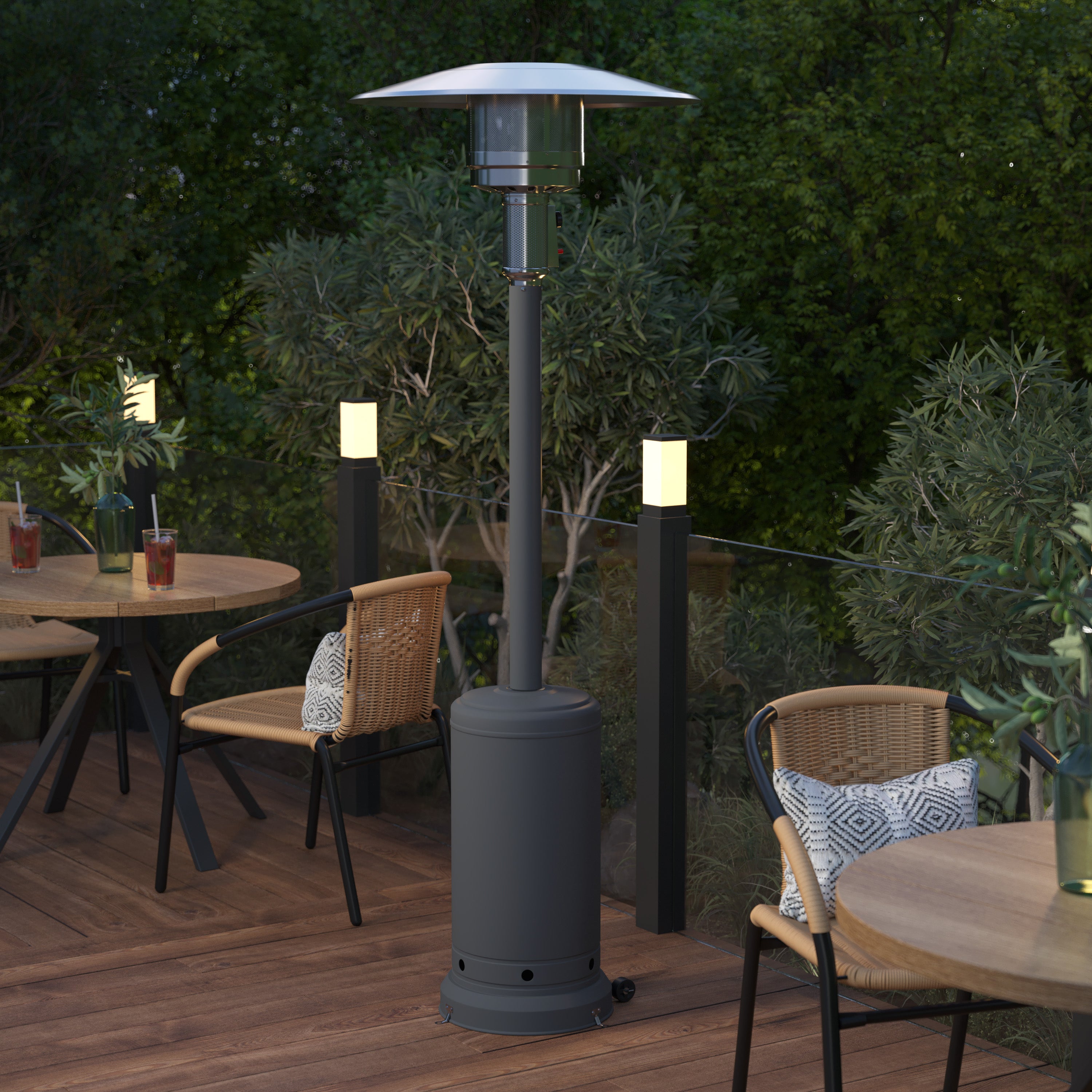 Sol Patio Outdoor Heating-Slate Gray Stainless Steel 40,000 BTU Propane Heater with Wheels-Commercial & Residential Use-7.5 Feet Tall