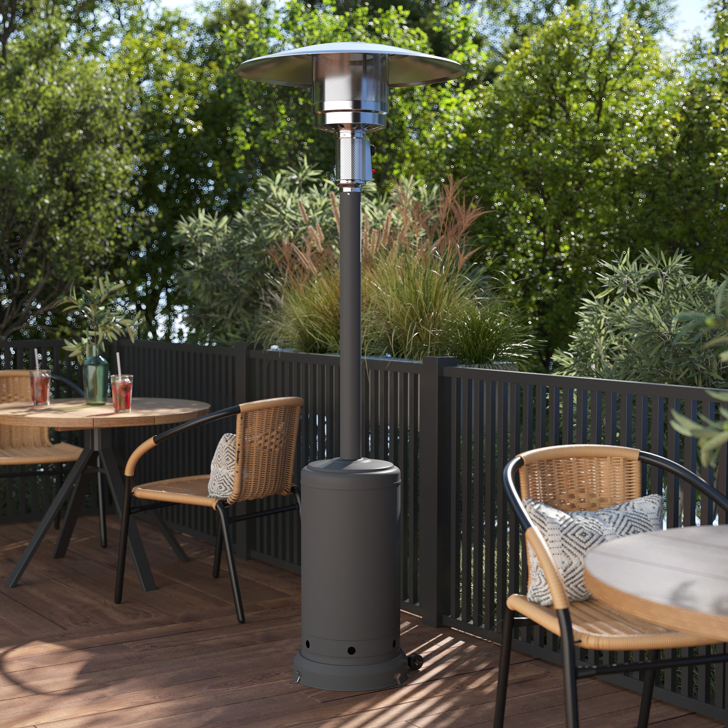 Sol Patio Outdoor Heating-Slate Gray Stainless Steel 40,000 BTU Propane Heater with Wheels-Commercial & Residential Use-7.5 Feet Tall