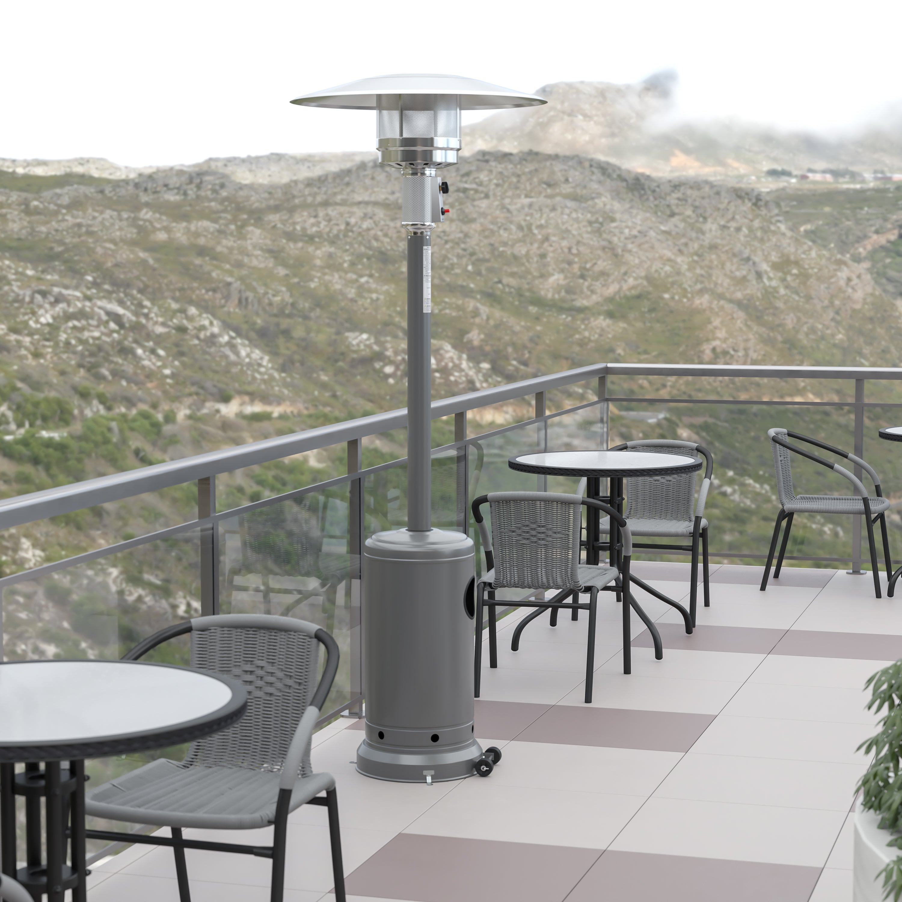 Sol Patio Outdoor Heating-Silver Stainless Steel 40,000 BTU Propane Heater with Wheels-Commercial & Residential Use-7.5 Feet Tall