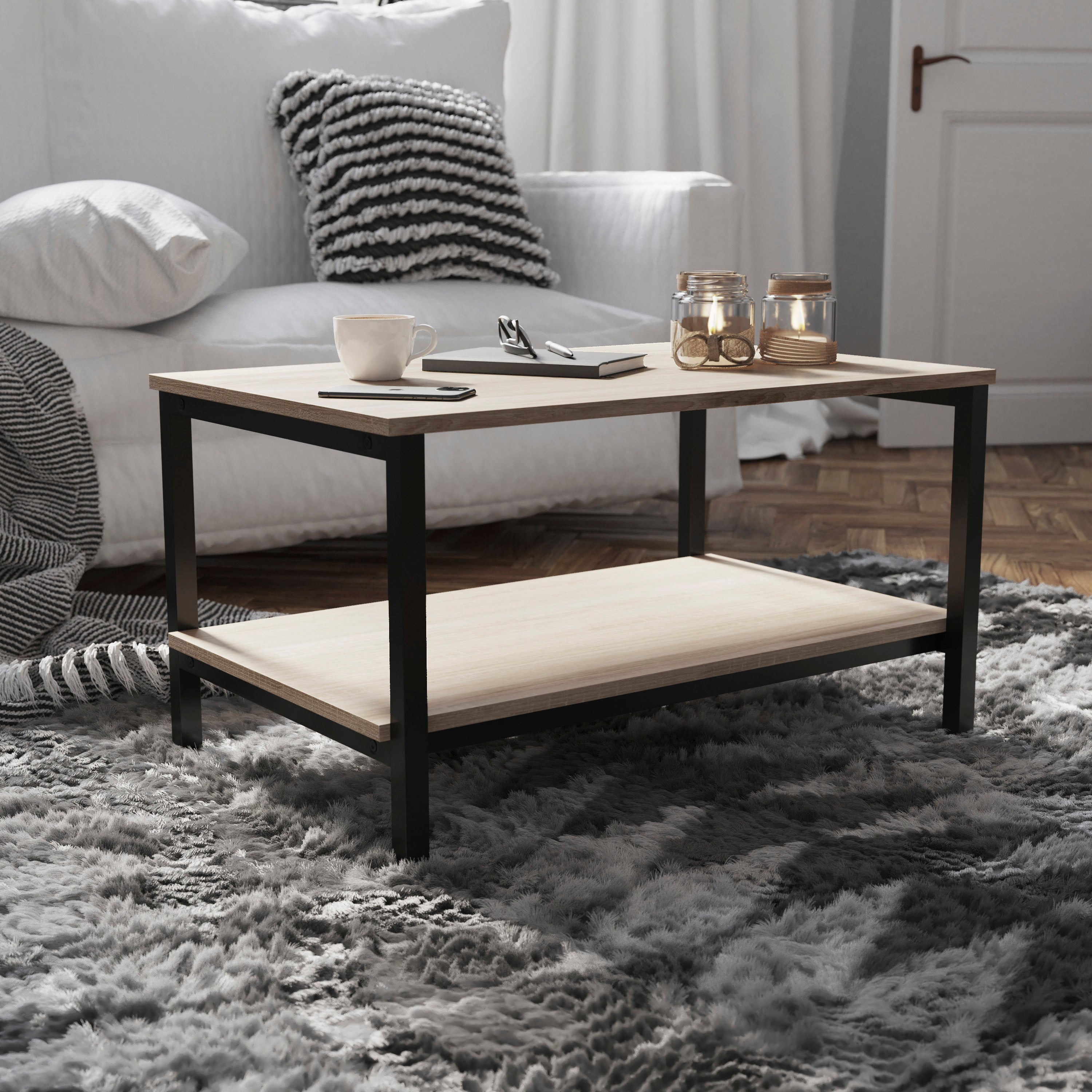 Finley Modern Industrial 2 Tier Rectangular Metal and Driftwood Coffee Table