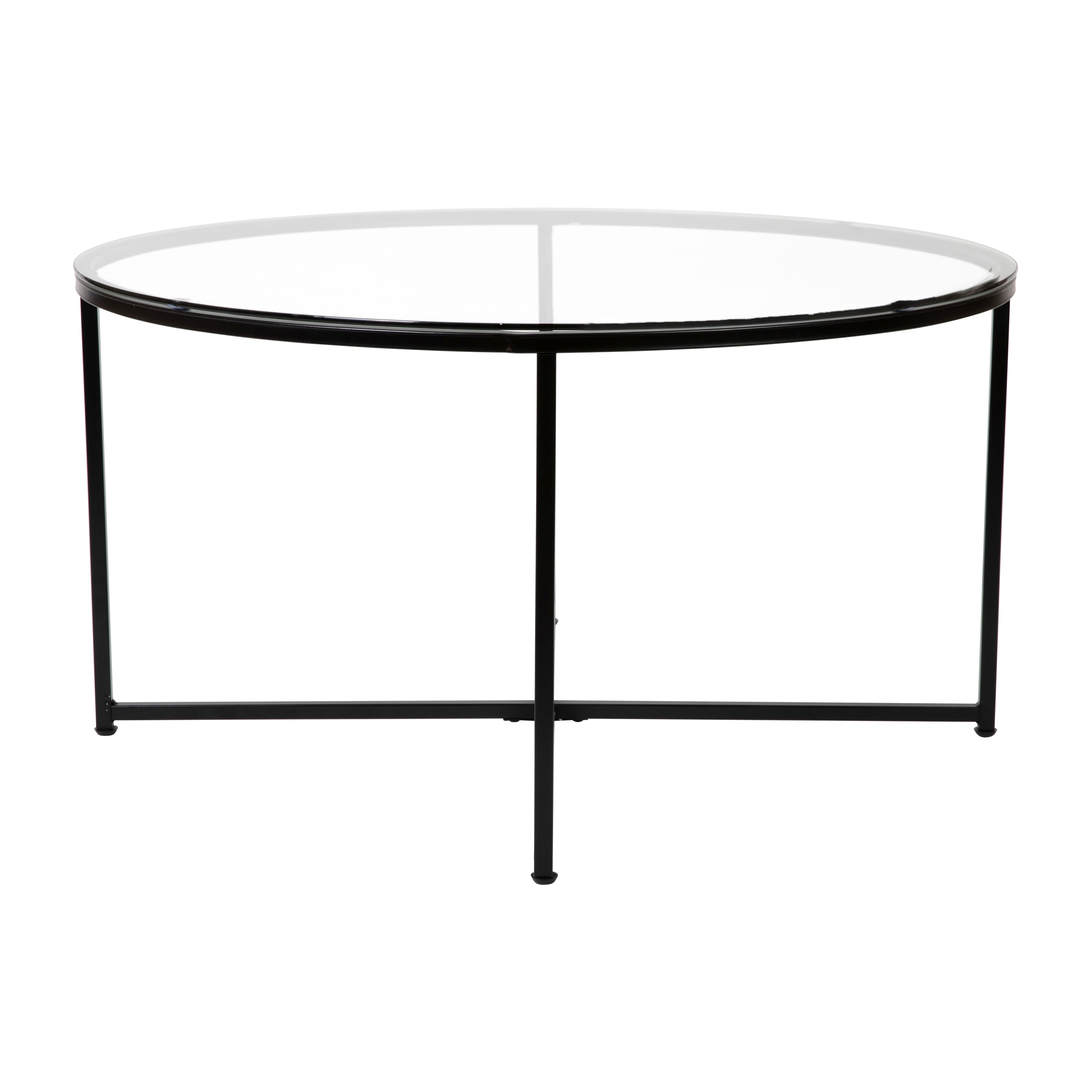 Greenwich Collection Coffee Table - Modern Clear Glass Accent Table with Crisscross Matte Black Frame