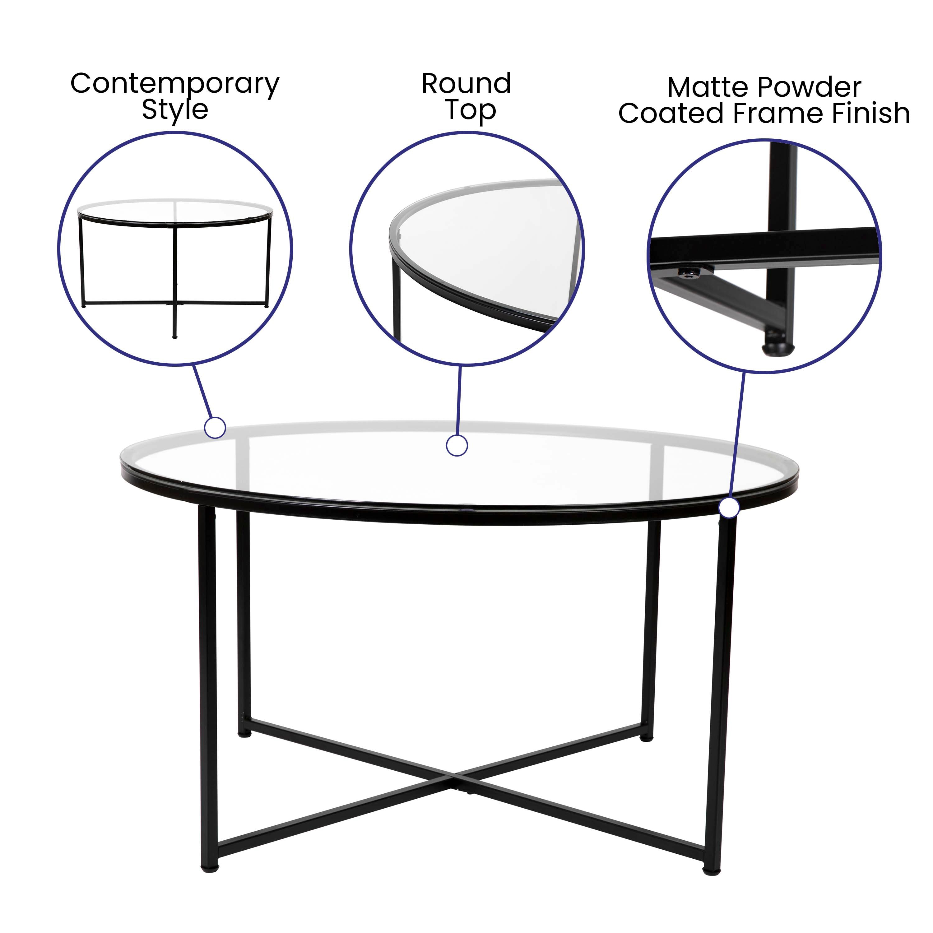 Greenwich Collection Coffee Table - Modern Clear Glass Accent Table with Crisscross Matte Black Frame