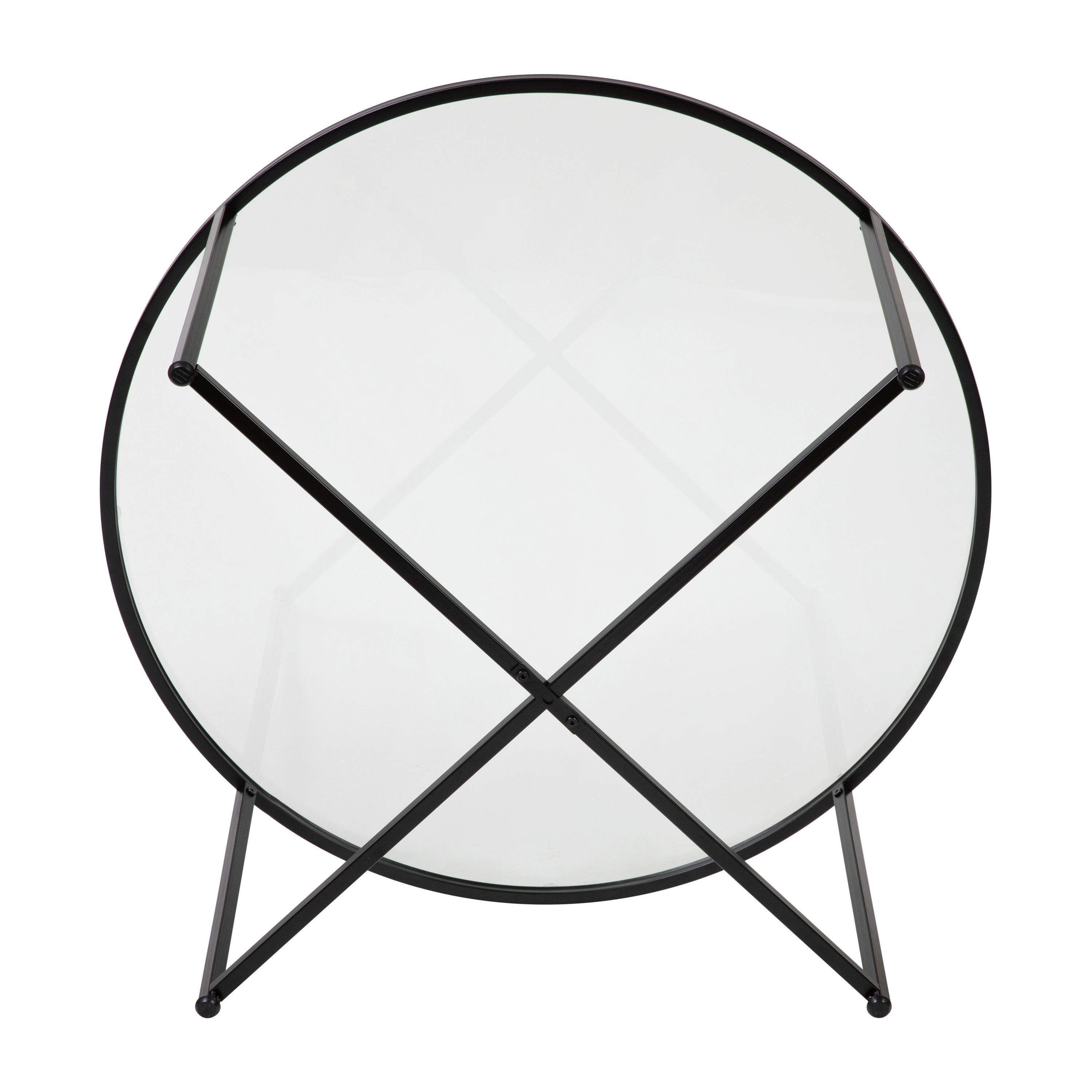 Greenwich Collection Coffee Table - Modern Clear Glass Accent Table with Crisscross Matte Black Frame