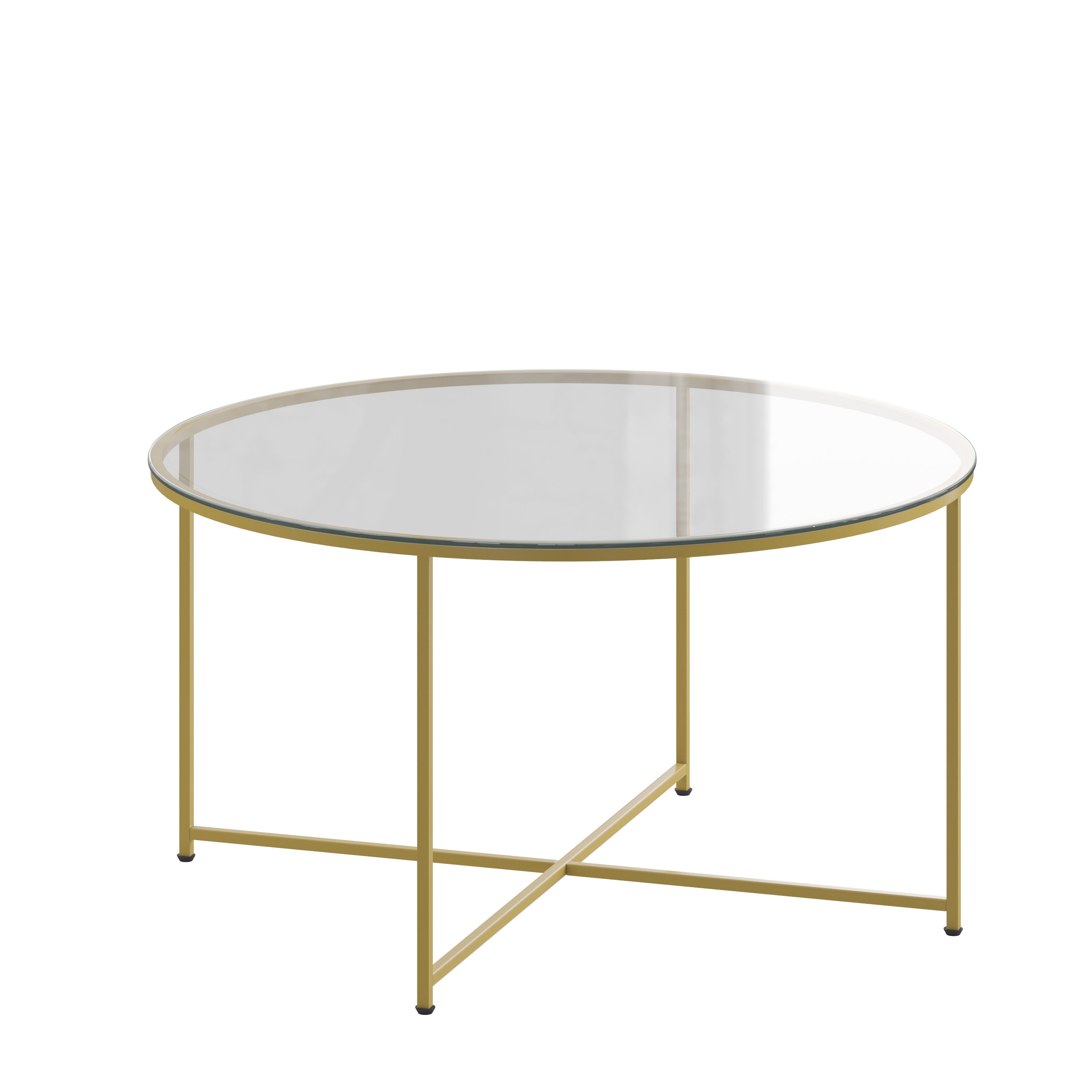 Greenwich Collection Coffee Table - Modern Clear Glass Accent Table with Crisscross Brushed Gold Frame