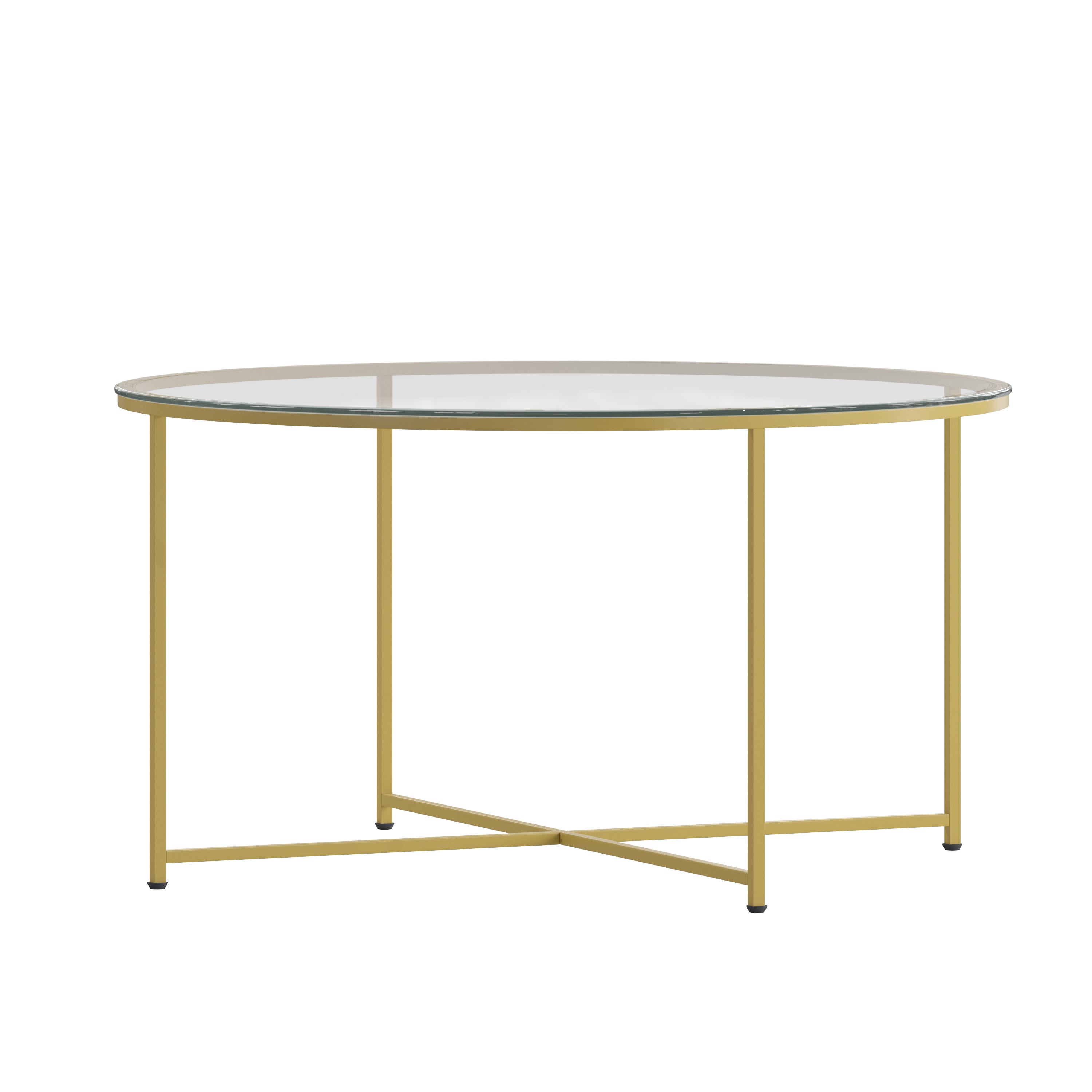 Greenwich Collection Coffee Table - Modern Clear Glass Accent Table with Crisscross Brushed Gold Frame