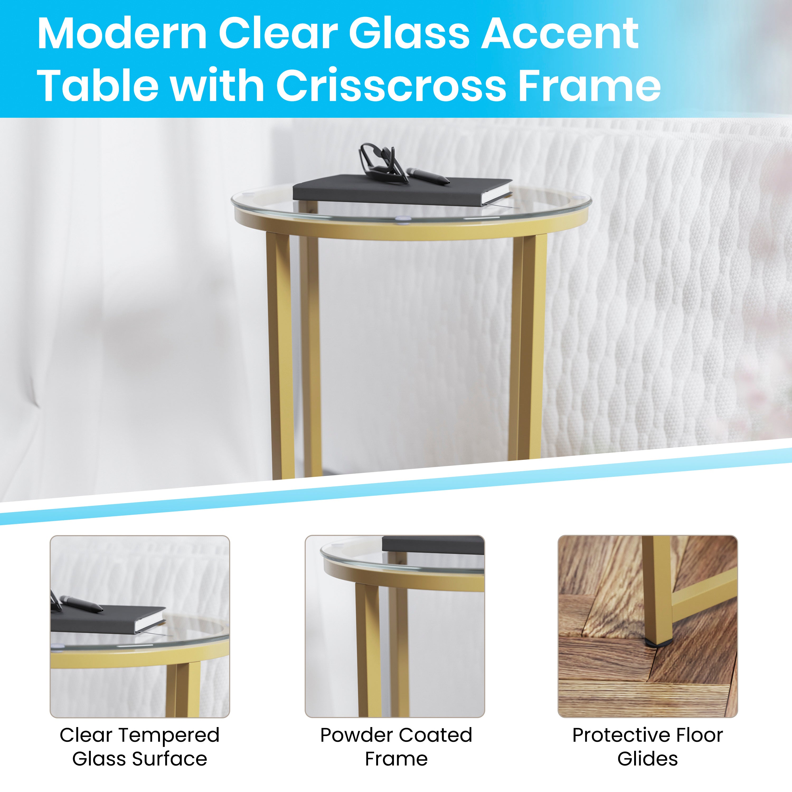 Greenwich Collection End Table - Modern Clear Glass Accent Table with Crisscross Brushed Gold Frame