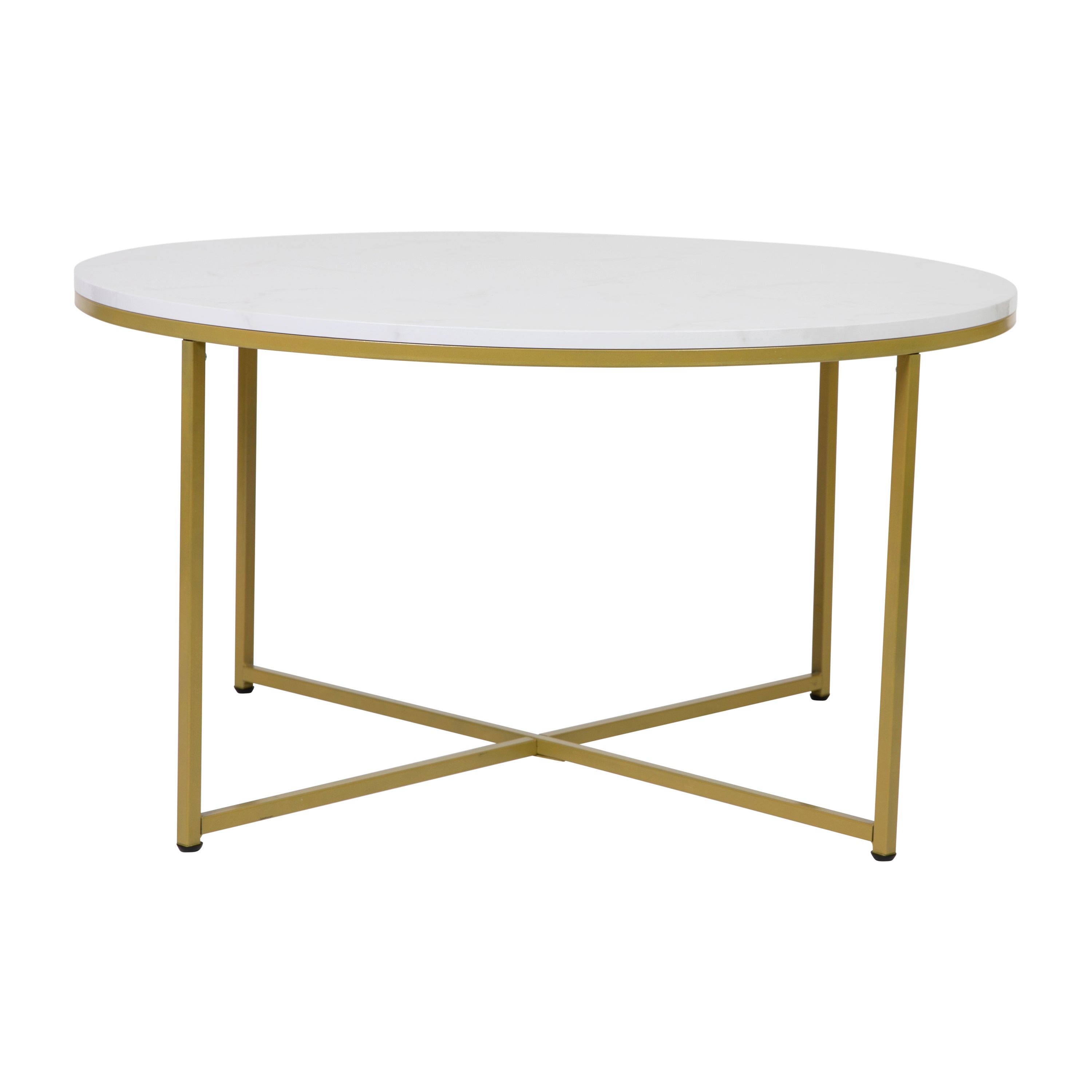 Hampstead Collection Coffee Table - Modern White Marble Finish Accent Table with Crisscross Brushed Gold Frame