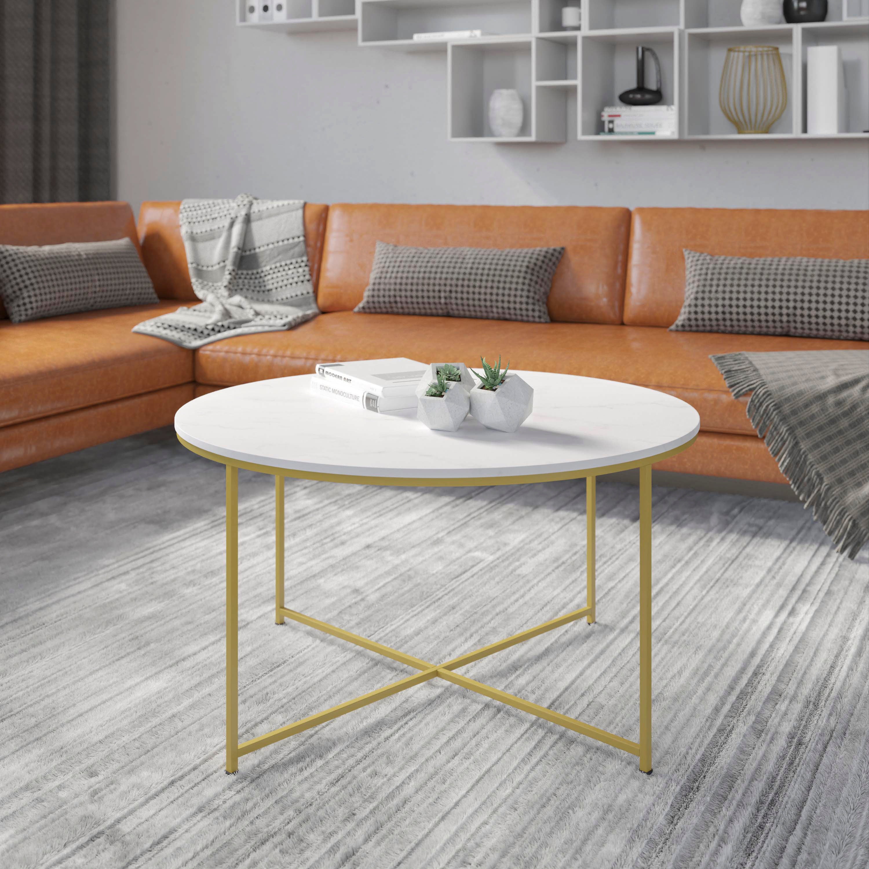 Hampstead Collection Coffee Table - Modern White Marble Finish Accent Table with Crisscross Brushed Gold Frame