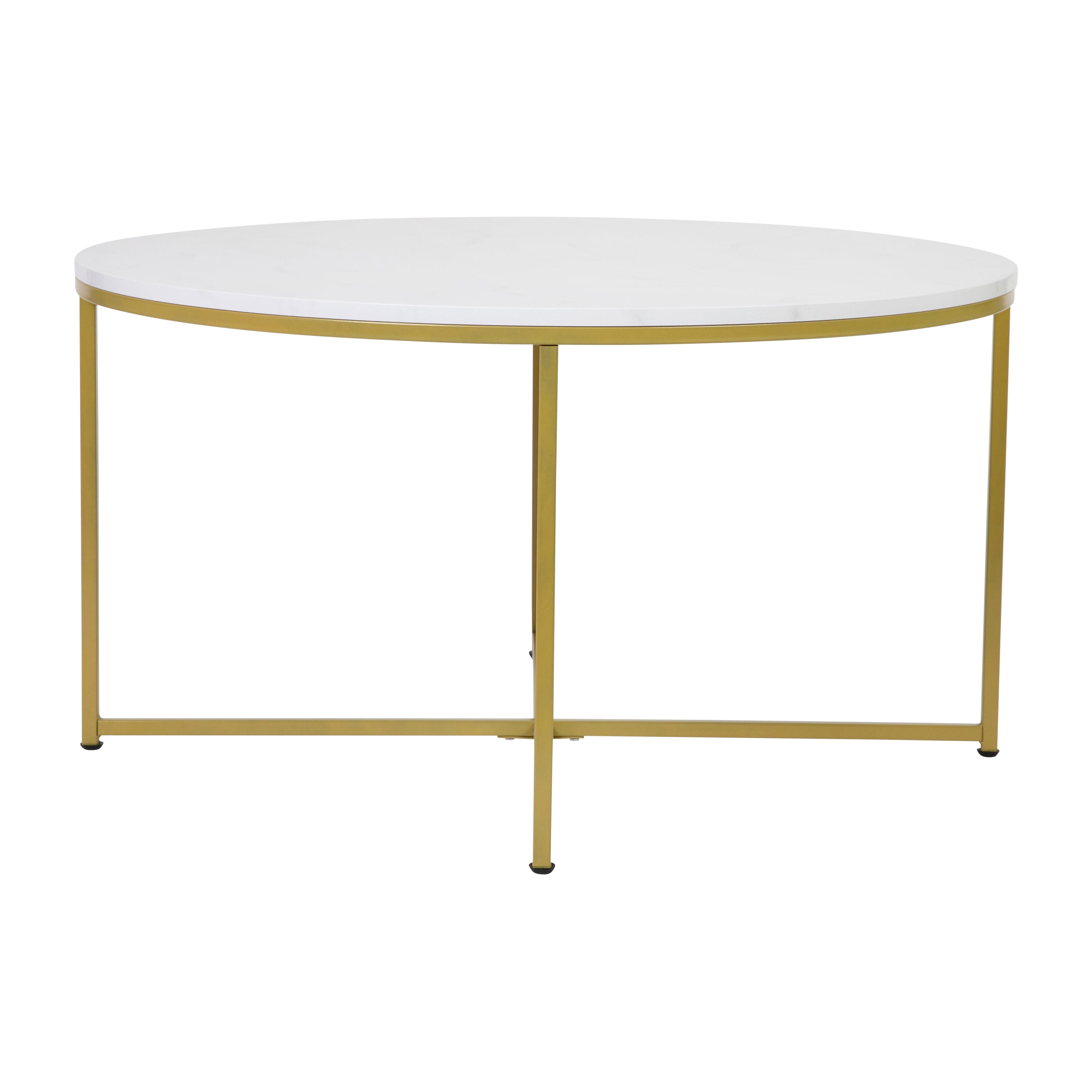 Hampstead Collection Coffee Table - Modern White Marble Finish Accent Table with Crisscross Brushed Gold Frame