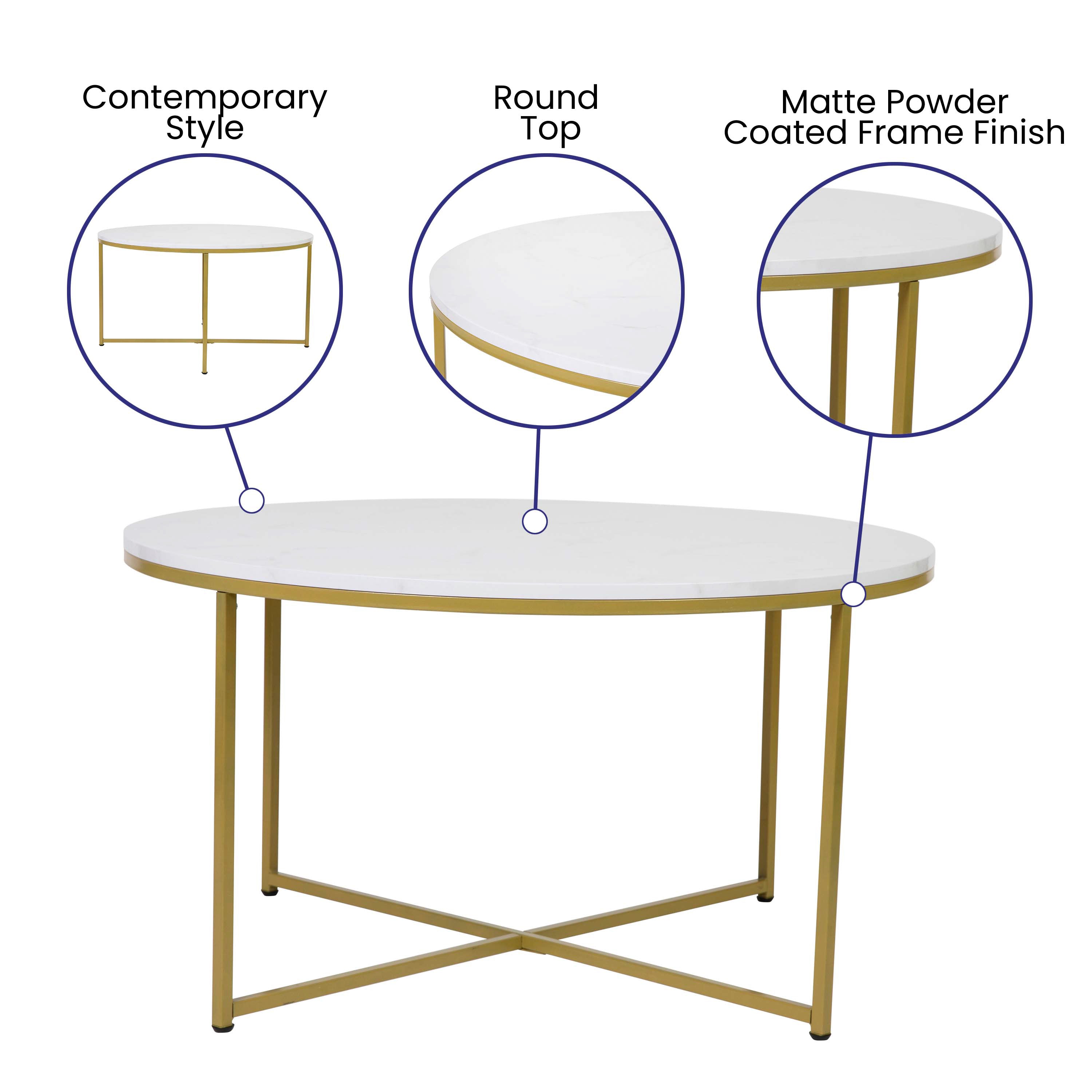 Hampstead Collection Coffee Table - Modern White Marble Finish Accent Table with Crisscross Brushed Gold Frame