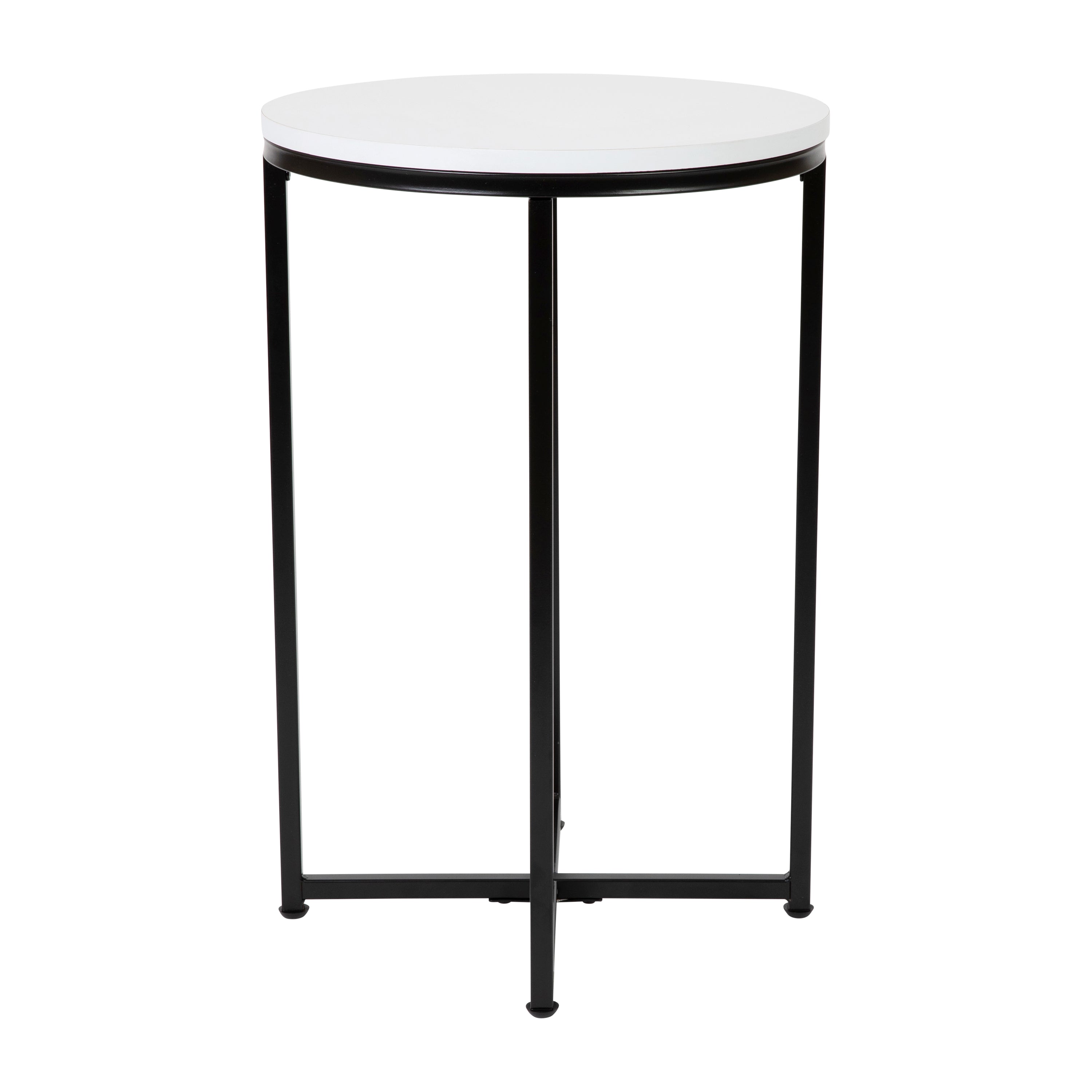 Hampstead Collection End Table - Modern White Finish Accent Table with Crisscross Matte Black Frame