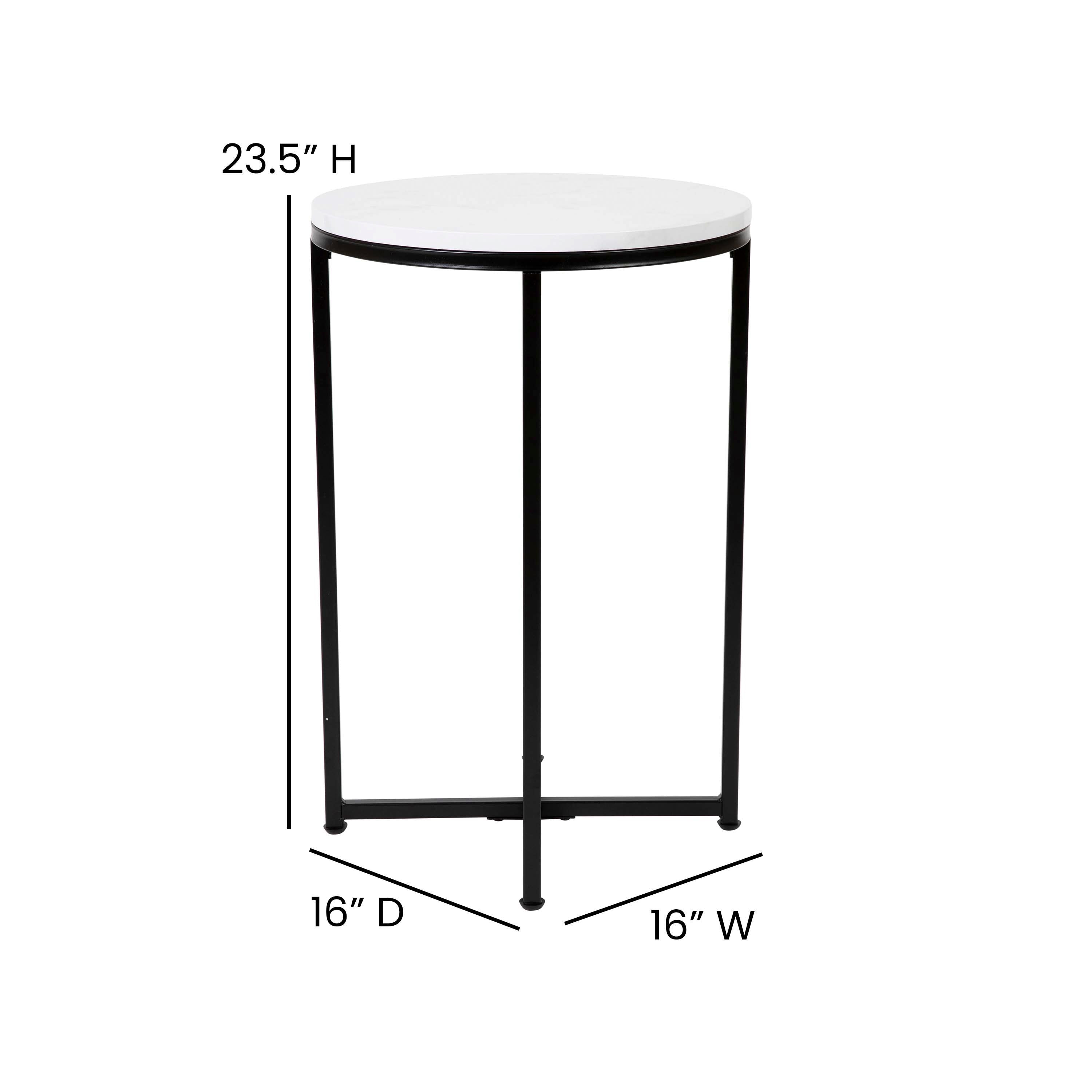 Hampstead Collection End Table - Modern White Marble Finish Accent Table with Crisscross Matte Black Frame