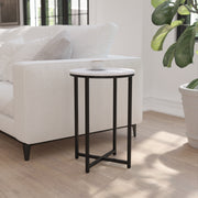 Hampstead Collection End Table - Modern White Marble Finish Accent Table with Crisscross Matte Black Frame