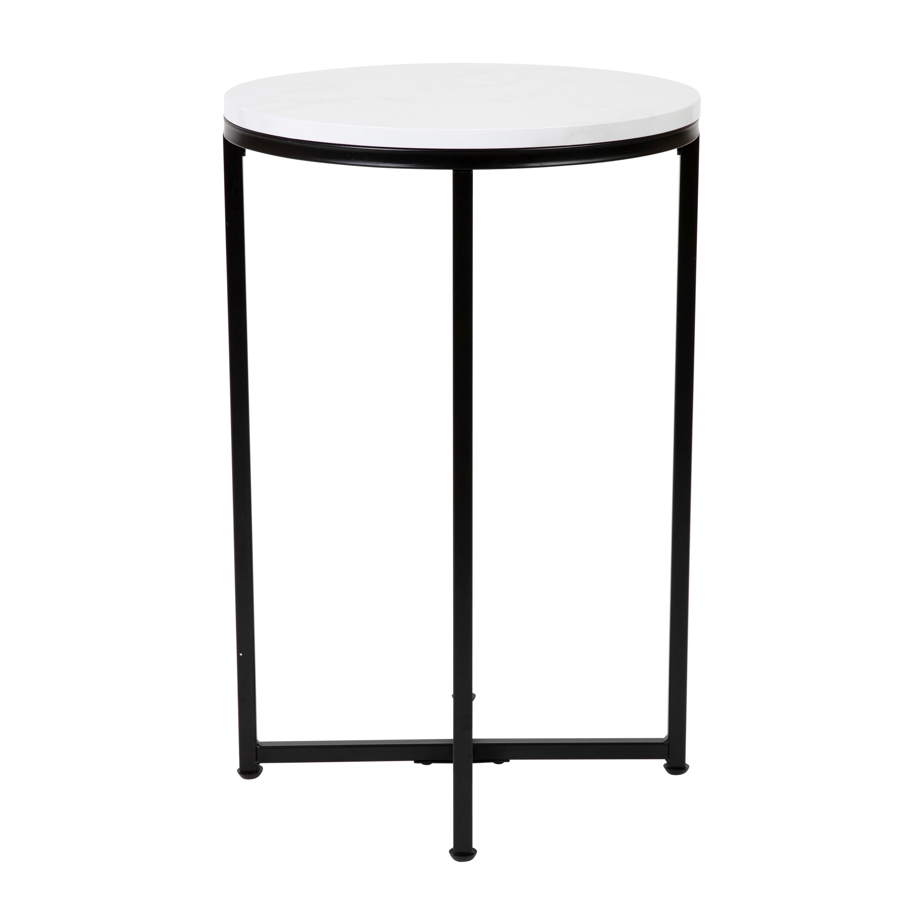 Hampstead Collection End Table - Modern White Marble Finish Accent Table with Crisscross Matte Black Frame