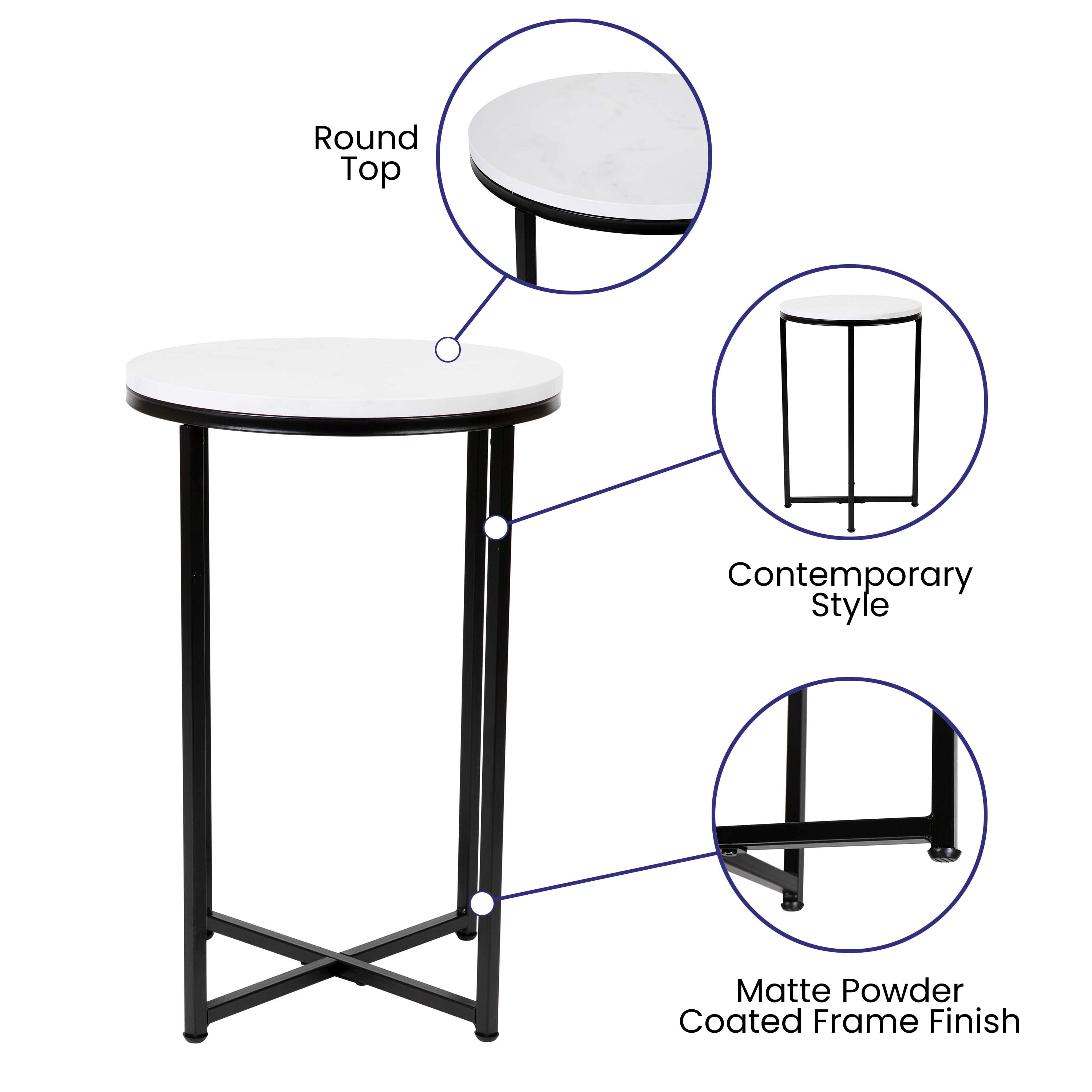 Hampstead Collection End Table - Modern White Marble Finish Accent Table with Crisscross Matte Black Frame