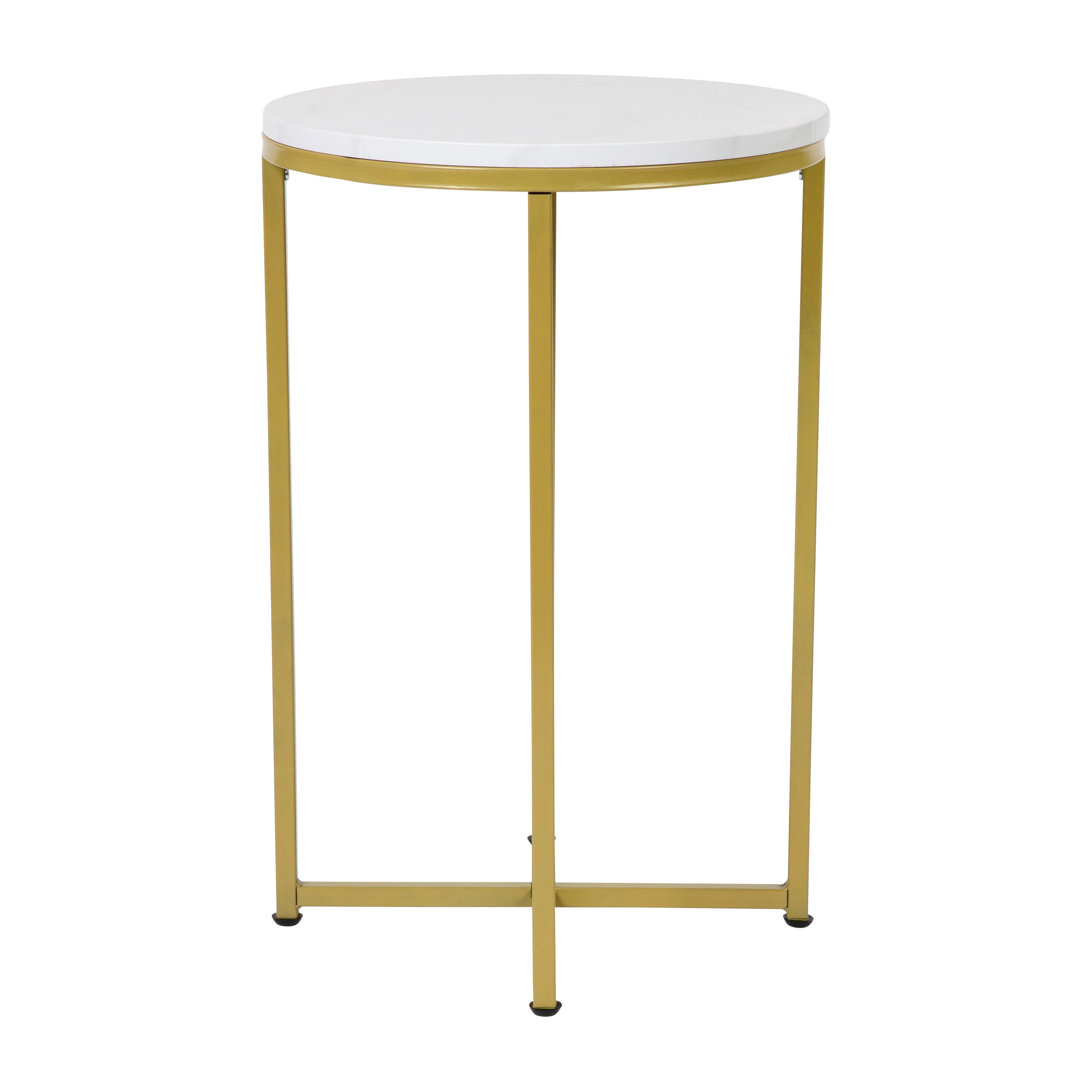 Hampstead Collection End Table - Modern White Marble Finish Accent Table with Crisscross Brushed Gold Frame