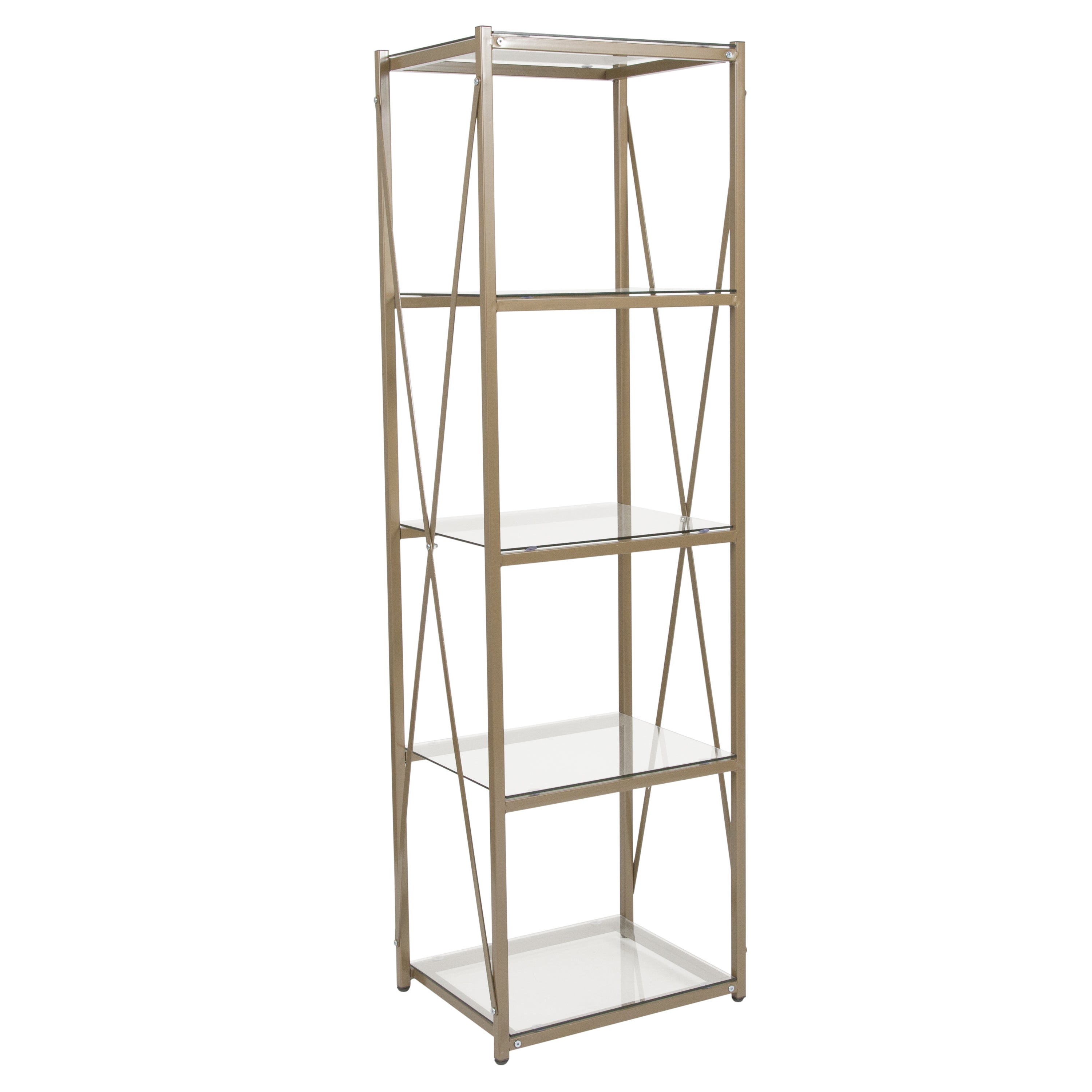 Mar Vista Collection 4 Shelf 64"H Cross Brace Glass Bookcase in Matte Gold
