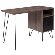 Woodridge Collection Rustic Wood Grain Finish Computer Desk with Metal Cabinet Door and Black Metal Legs