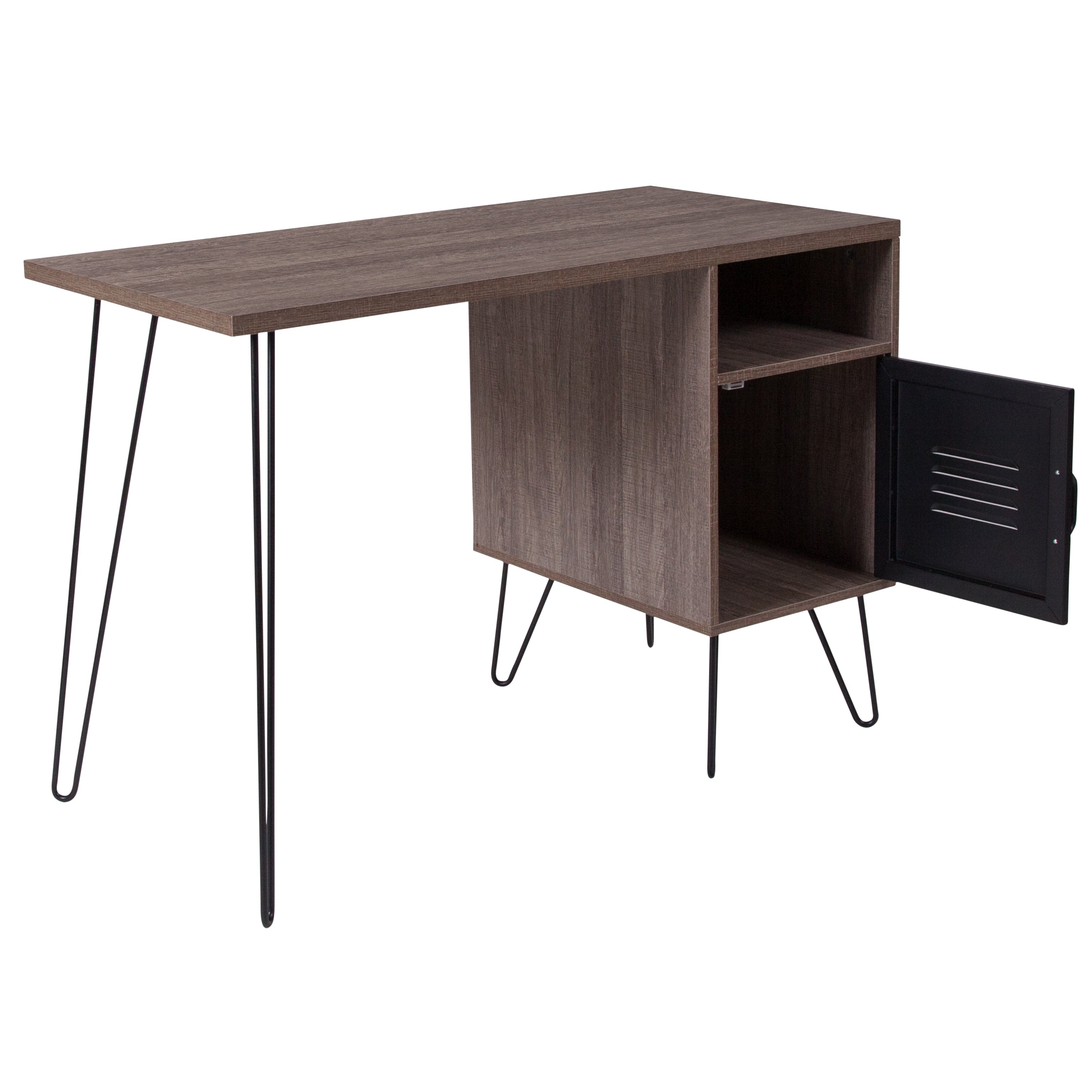 Woodridge Collection Rustic Wood Grain Finish Computer Desk with Metal Cabinet Door and Black Metal Legs