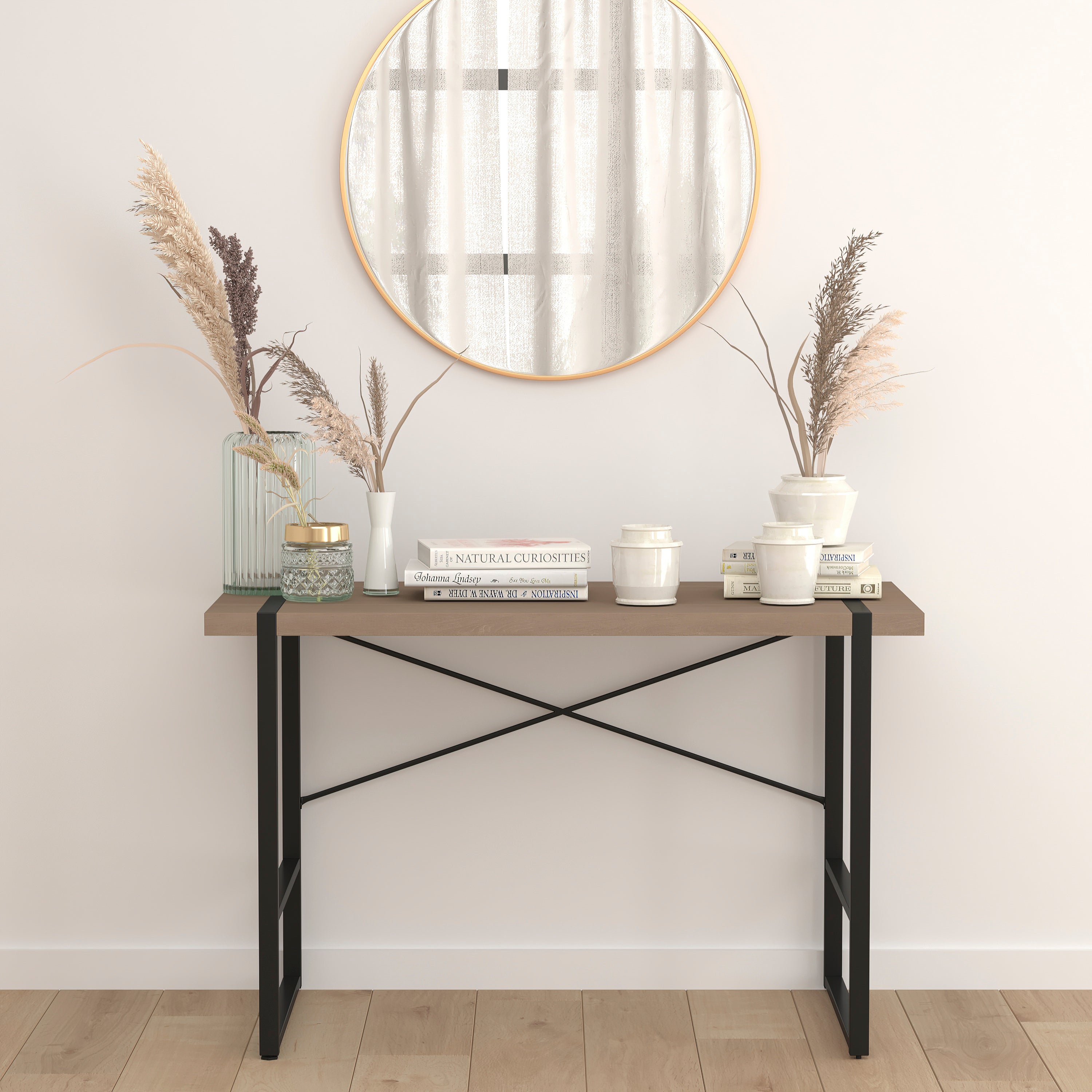 Hanover Park Rustic Wood Grain Finish Console Table with Black Metal Frame