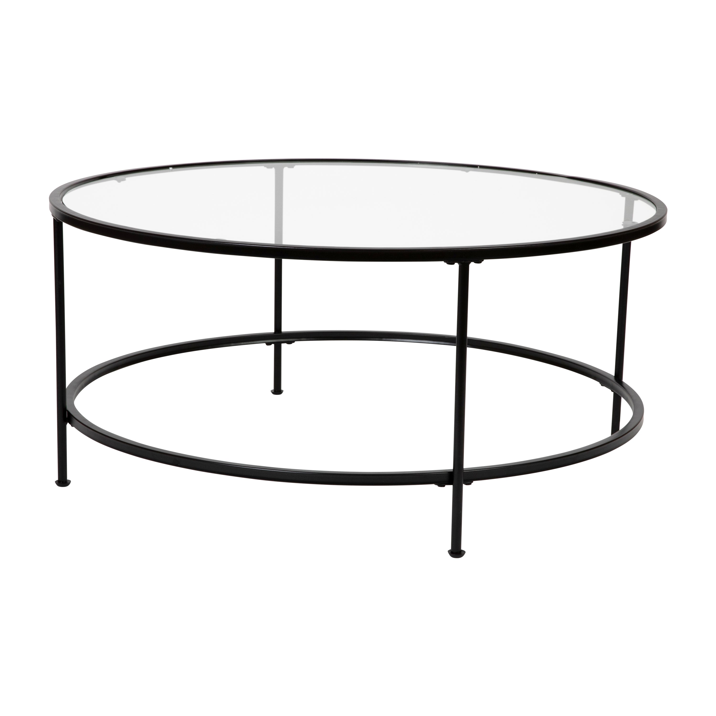 Astoria Collection Round Coffee Table - Modern Clear Glass Coffee Table with Matte Black Frame