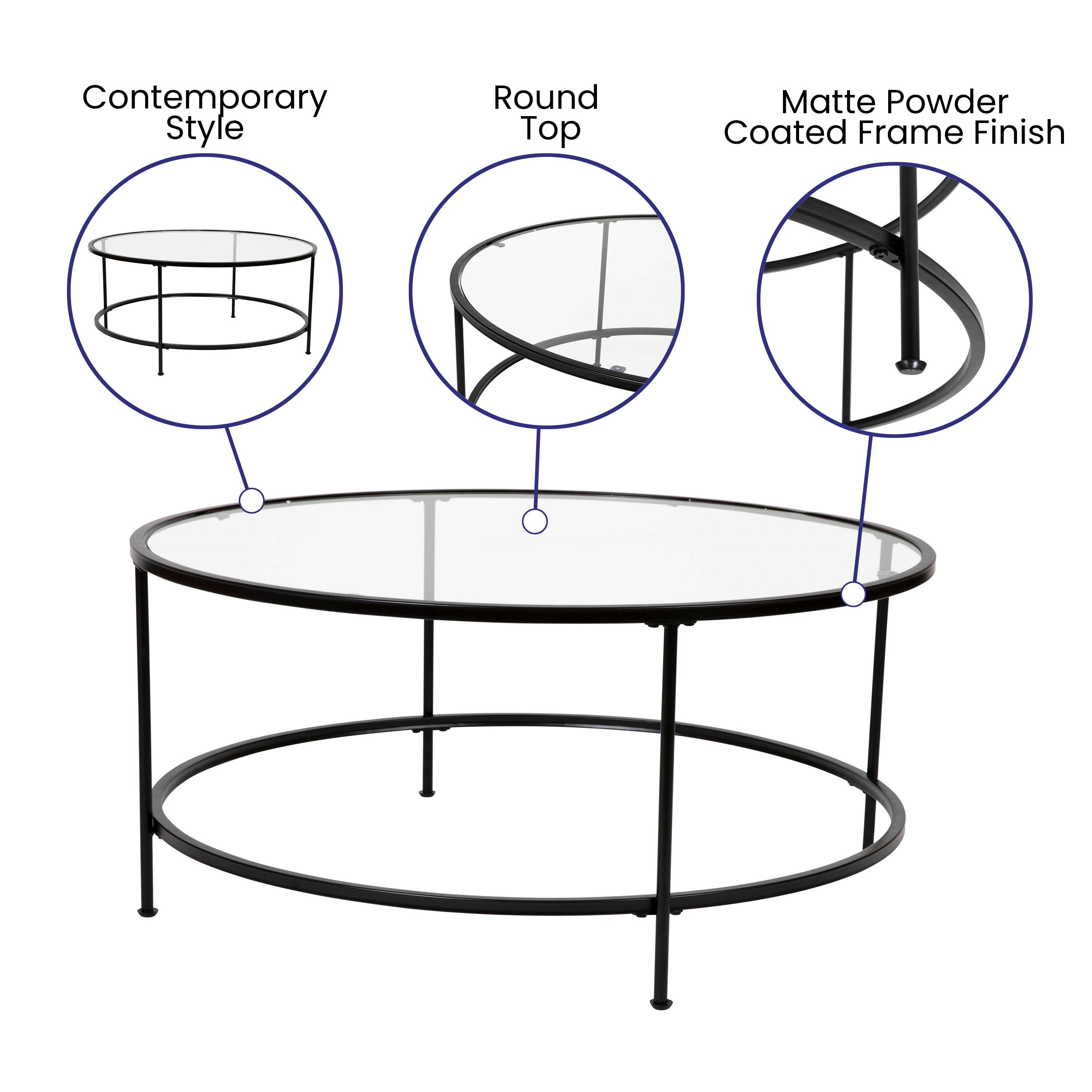 Astoria Collection Round Coffee Table - Modern Clear Glass Coffee Table with Matte Black Frame