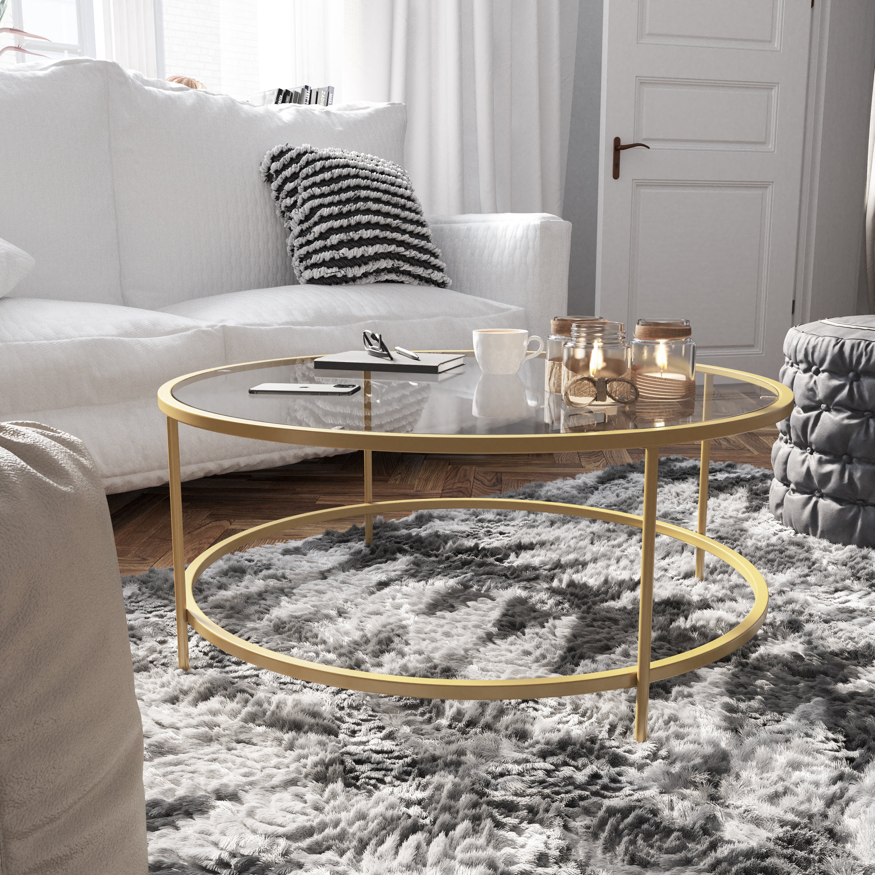 Astoria Collection Round Coffee Table - Modern Clear Glass Coffee Table with Brushed Gold Frame