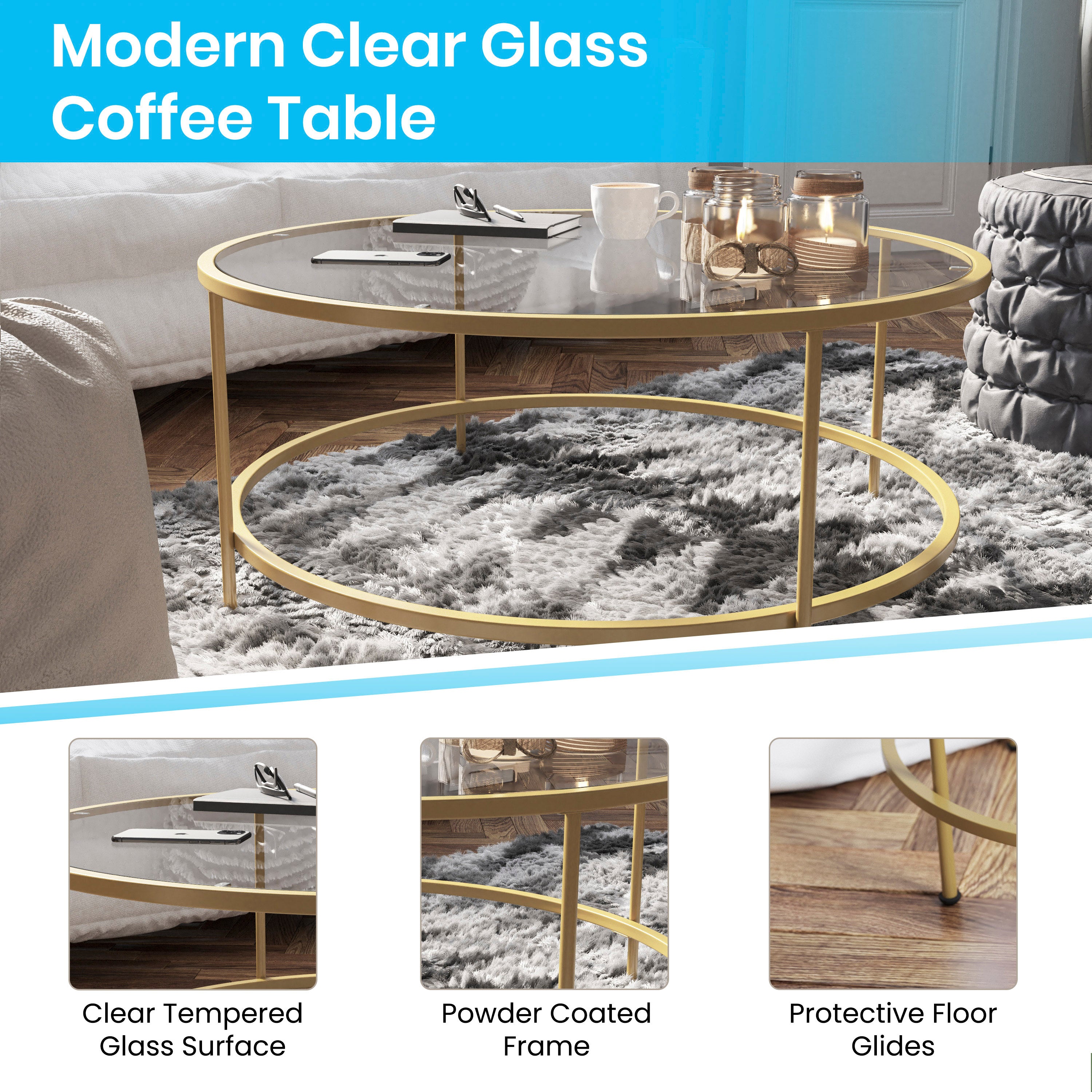 Astoria Collection Round Coffee Table - Modern Clear Glass Coffee Table with Brushed Gold Frame