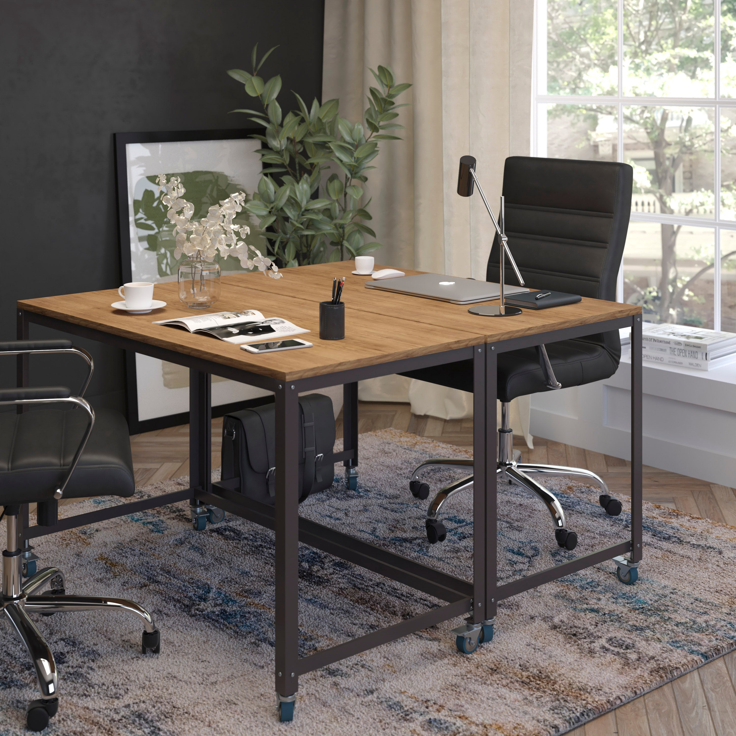Livingston Collection Computer Table and Desk in Brown Oak Wood Grain Finish with Metal Wheels