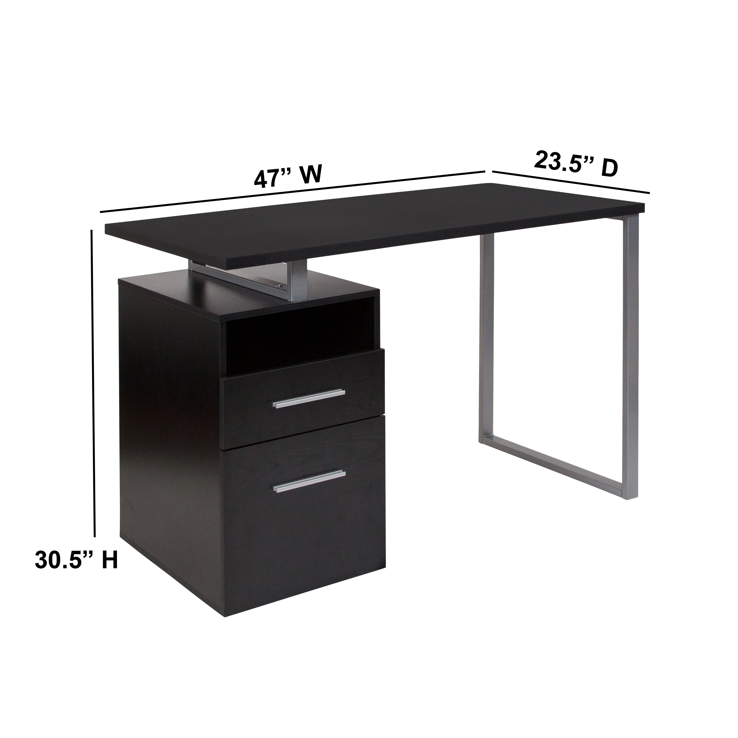 Harwood Dark Ash Wood Grain Finish Computer Desk with Two Drawers and Silver Metal Frame