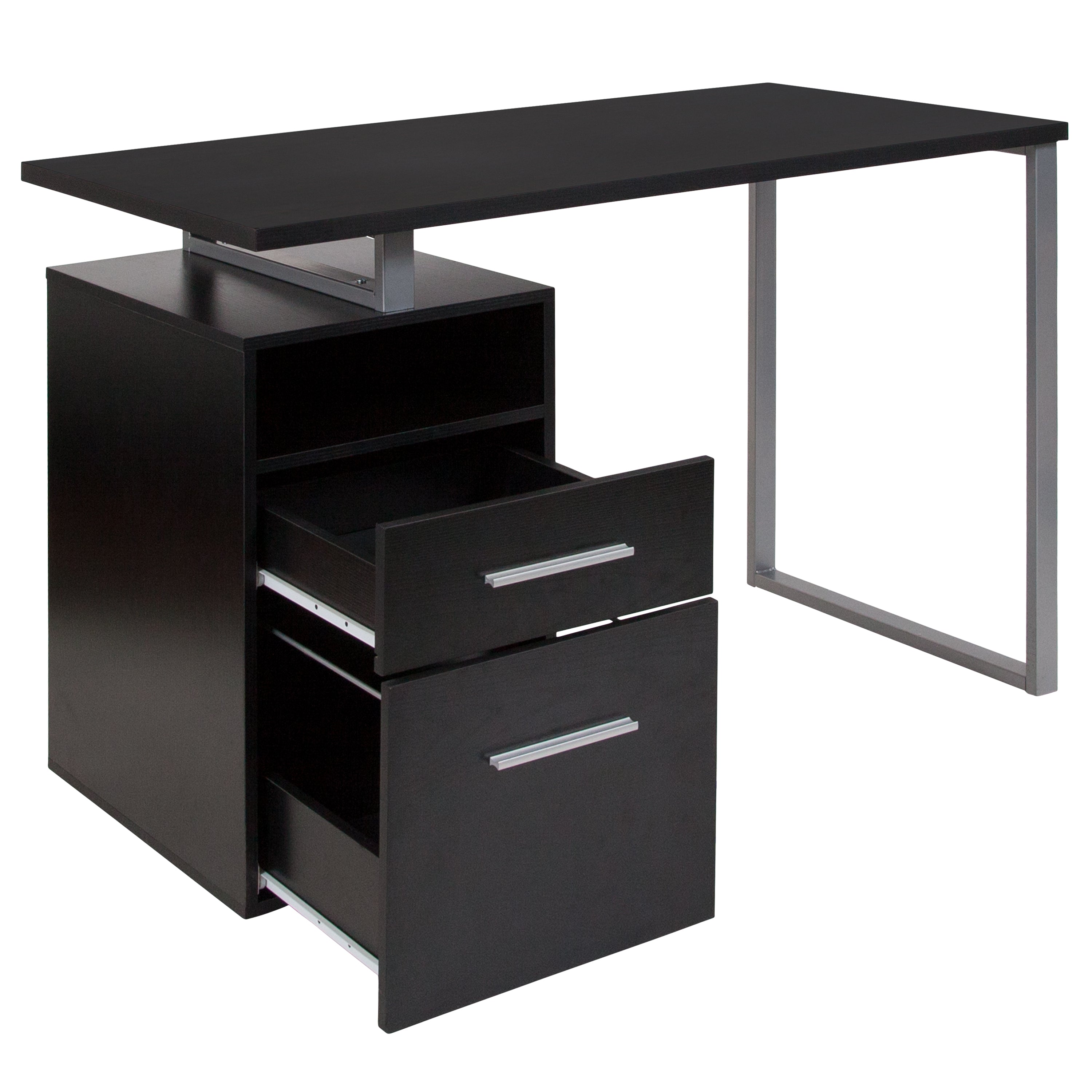 Harwood Dark Ash Wood Grain Finish Computer Desk with Two Drawers and Silver Metal Frame